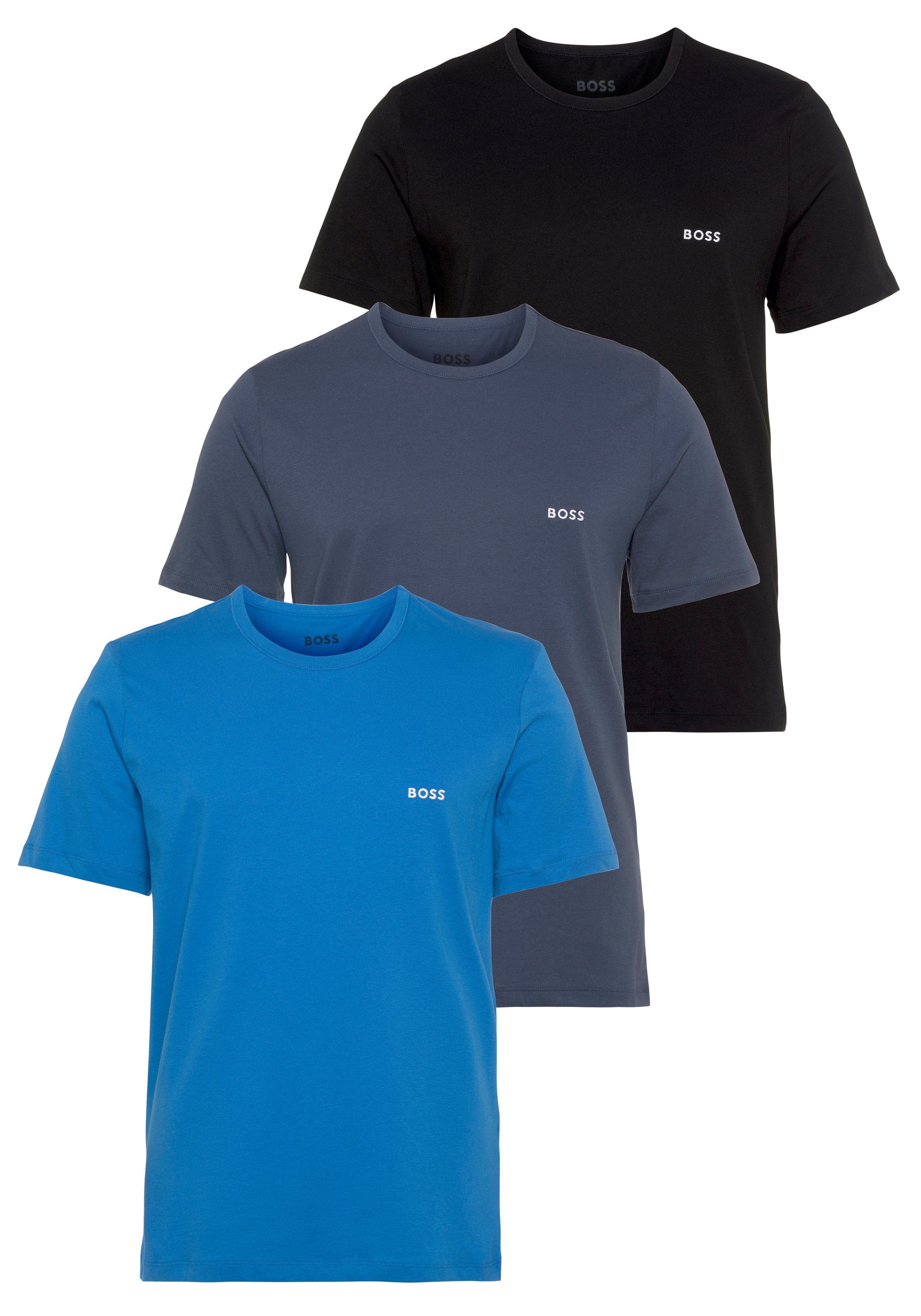 BOSS T-Shirt TShirtRN 3P Classic (3-tlg) mit dezenter Logostickerei an der Brust blau