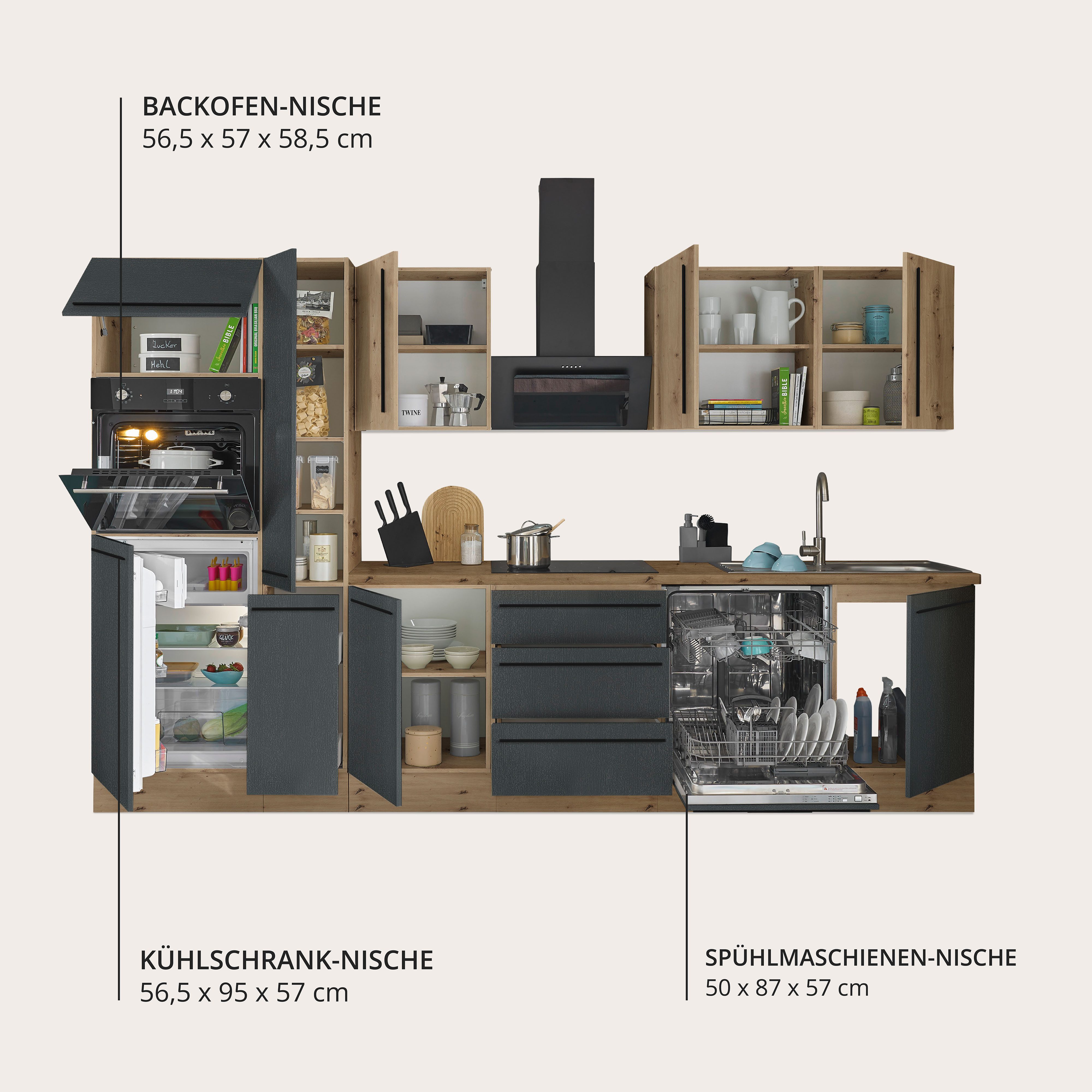 KOCHSTATION Küchenzeile Florida, Breite 310 cm, wahlweise mit E-Geräten,Softclose für Türen/Schubkästen