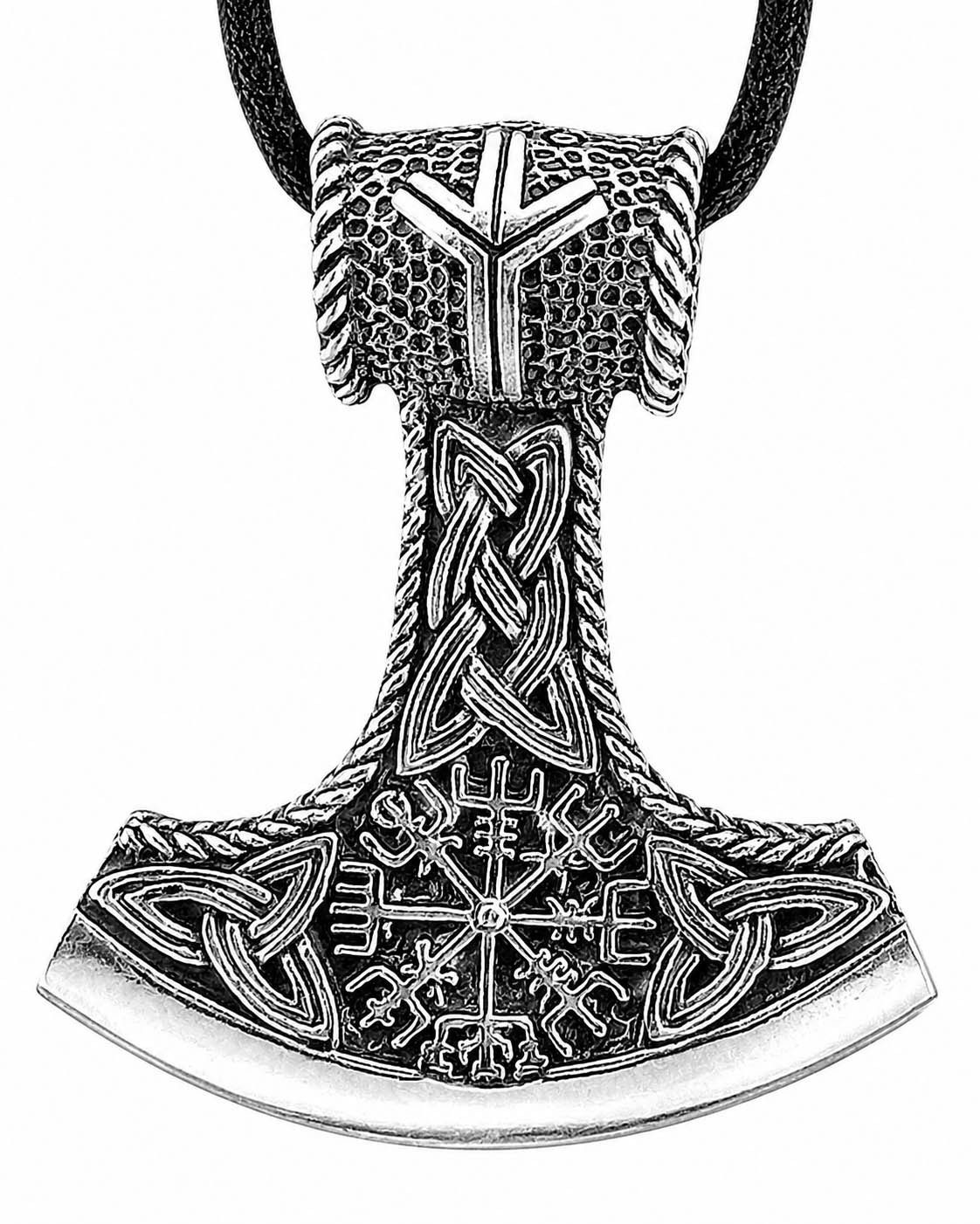Kiss of Leather Kette mit Anhänger Thorshammer Thor Hammer Wikingerkompass Vegvisir Königskette 3 mm