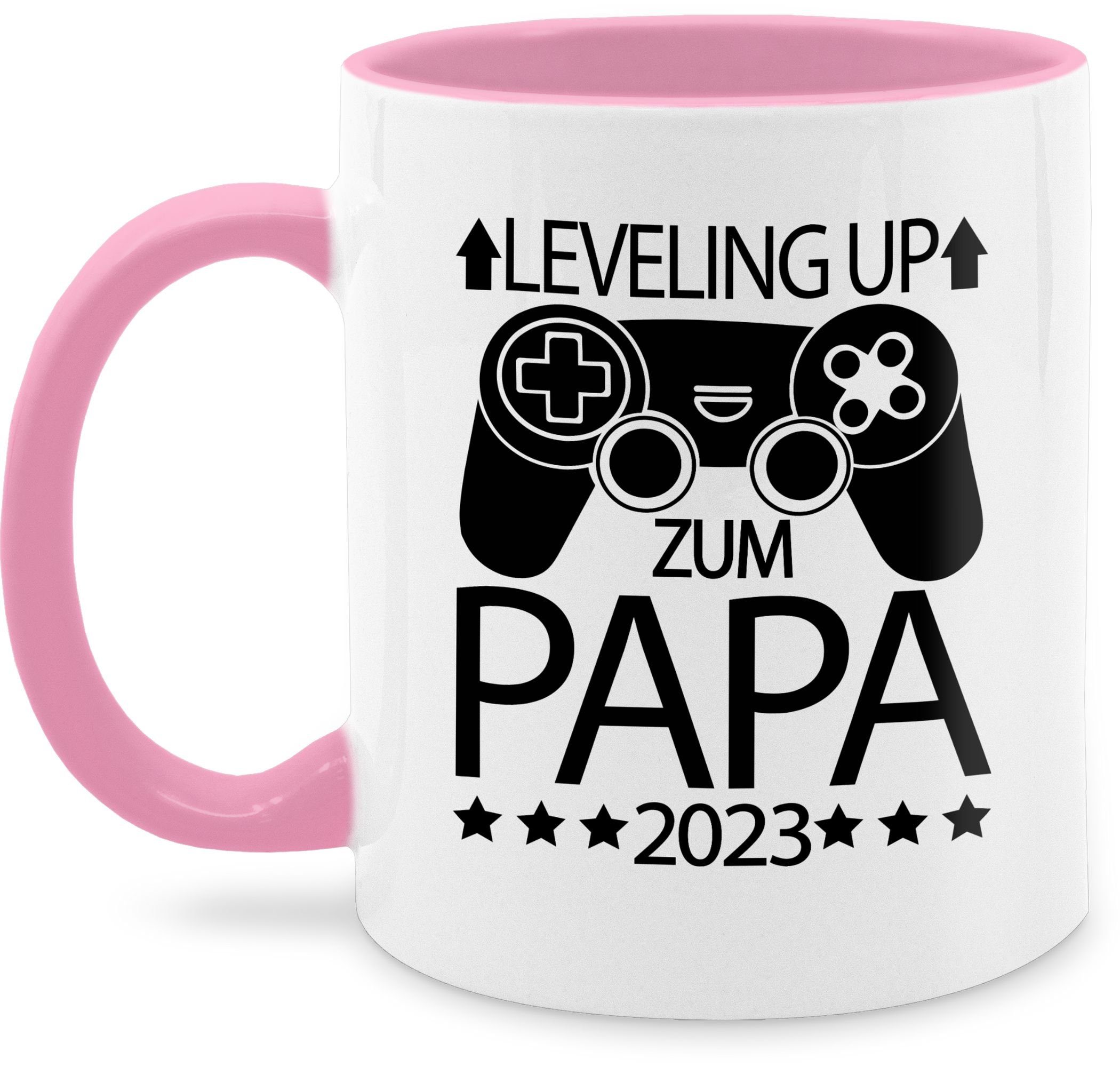 Shirtracer Tasse Leveling up zum Papa 2023 mit Controller - schwarz, Keramik, Geschenk Vatertag Kaffeetasse 2 Rosa