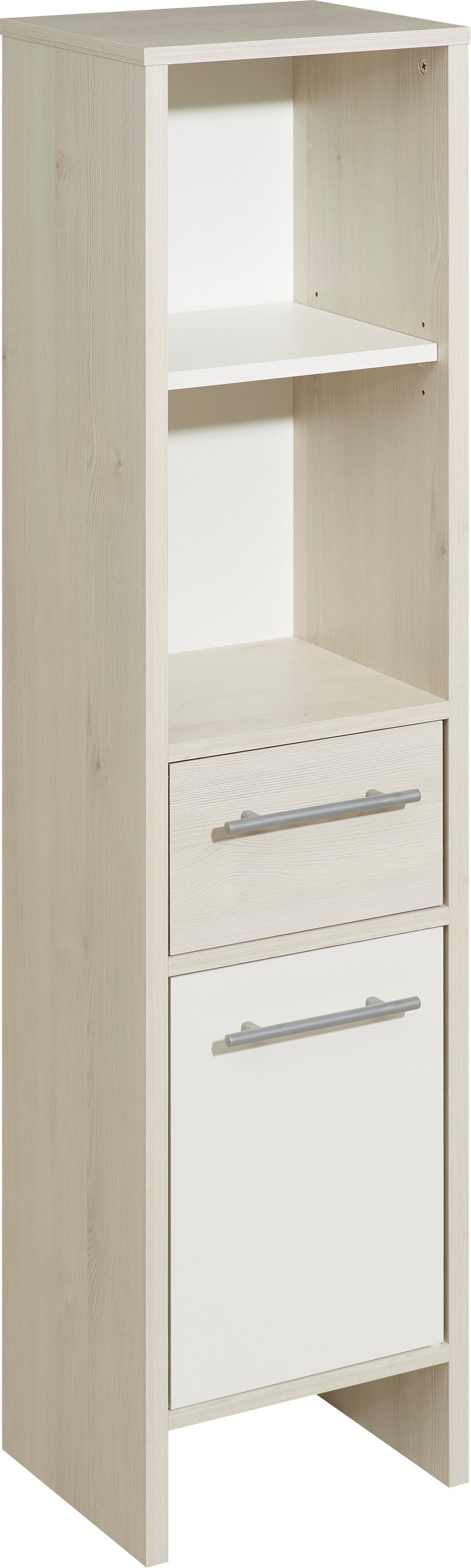 Saphir Midischrank Quickset 350 Badschrank 33 cm breit, 1 Tür, 1 Schublade, 2 Regalfächer (1-St) Badezimmer-Midischrank Pinie Ida hell, Griffe alufarbig