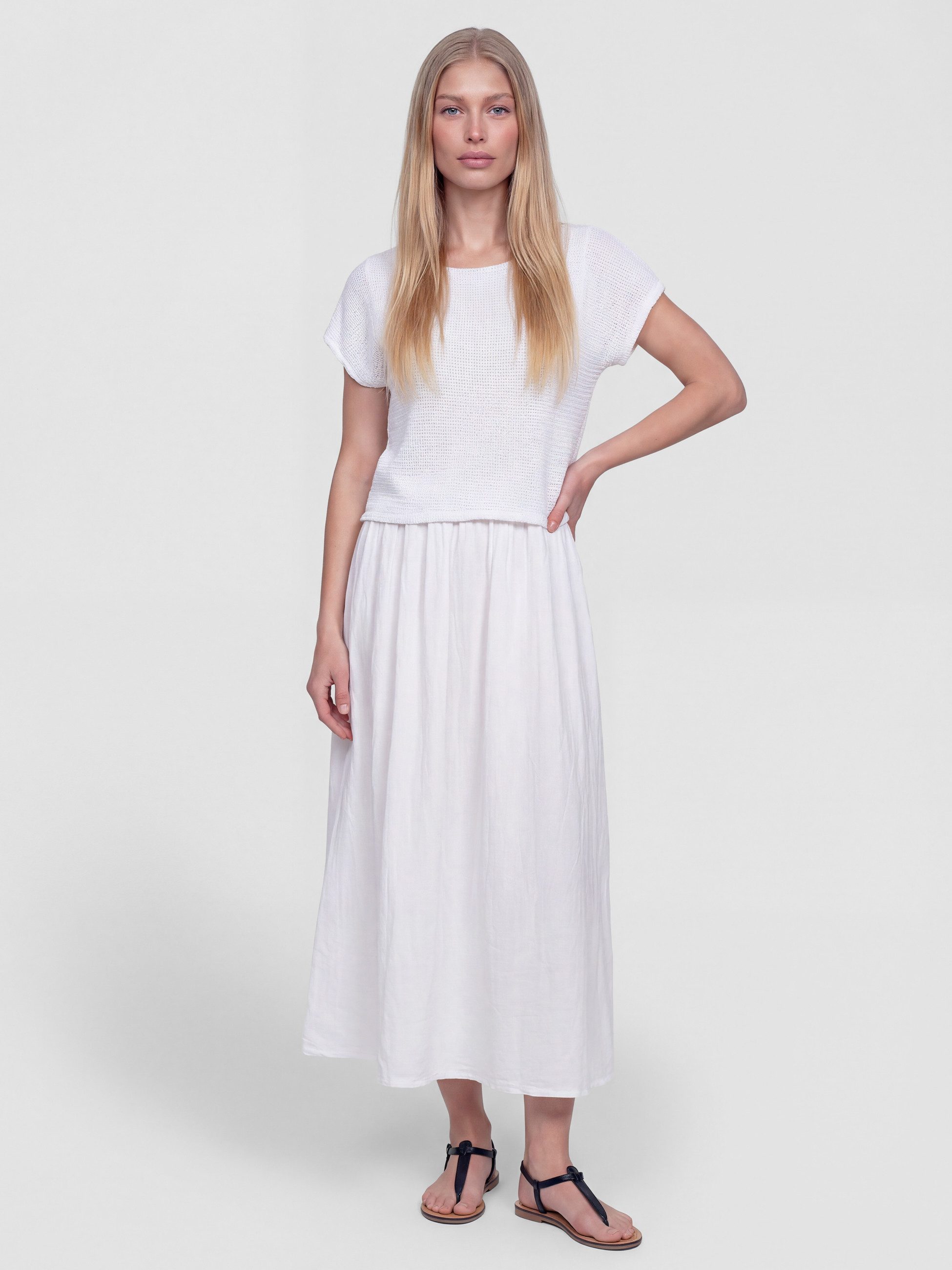 PEKIVESSA Sommerkleid Lässiges Midikleid im angesagten Lagen-Look aus Baumwolle-Leinen-Webstoff