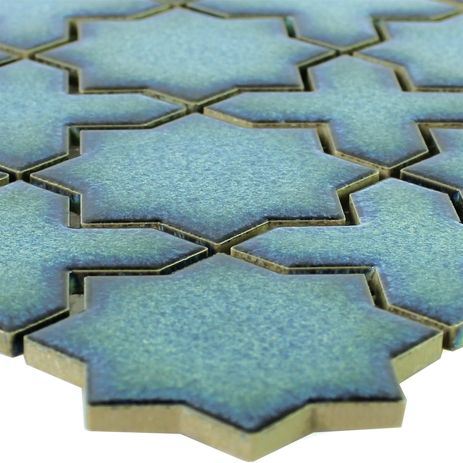 Mosafil Mosaikfliesen Keramikmosaik Fliesen Puebla Stern Blau, Keramik 29.600x29.600, blau, Verlegefertig auf ein Netz geklebt - Frostsicher - Wasserfest