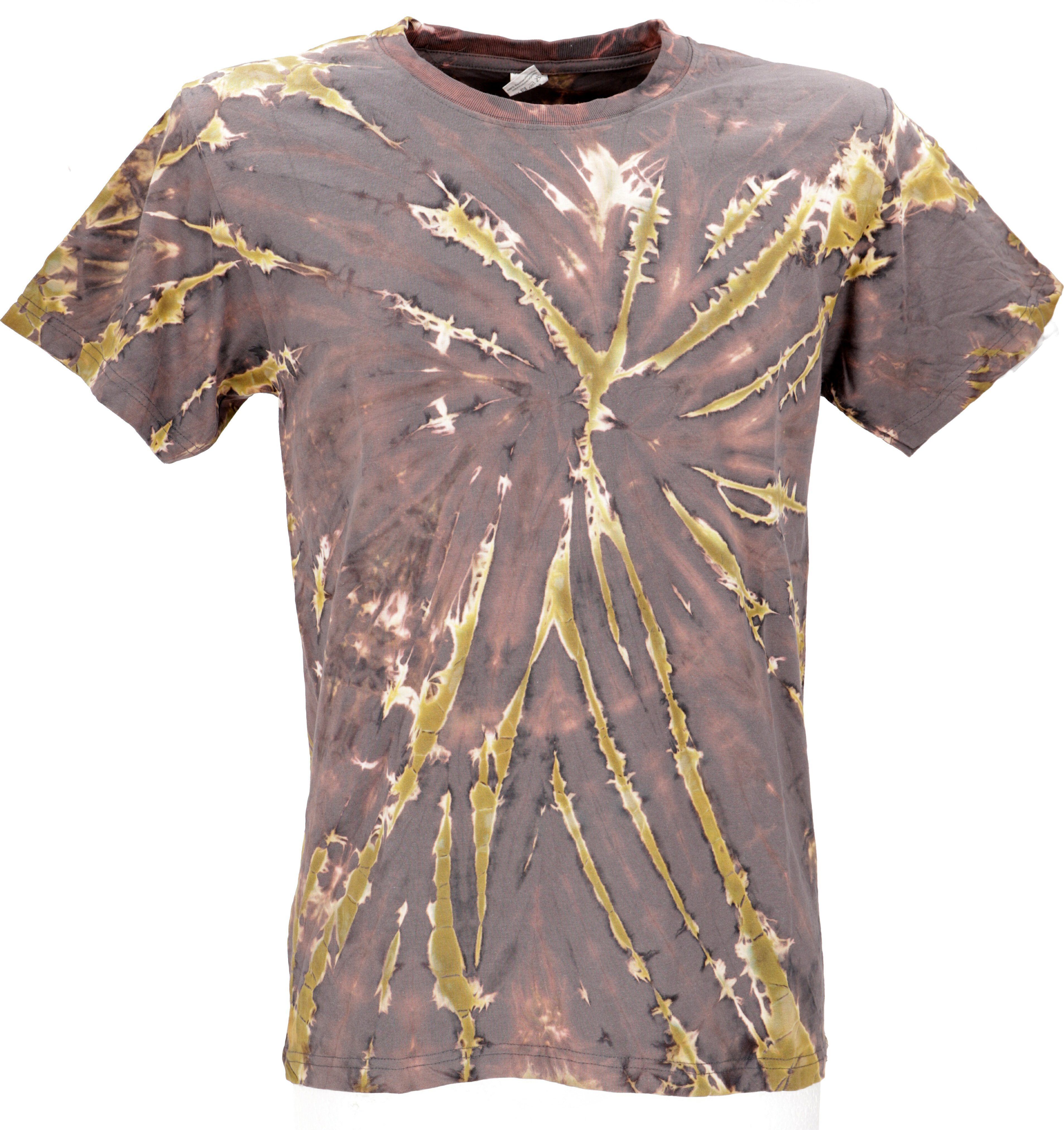 Guru-Shop T-Shirt Batik T-Shirt, Herren Kurzarm Tie Dye Shirt -.. Handarbeit, Hippie, Festival, Goa Style, alternative Bekleidung braun/khaki