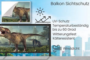 MuchoWow Balkonsichtschutz Dino - Gras - Zeichnung - Kinder - Jungen (1-St) Balkonbanner, Sichtschutz für den Balkon, Robustes und wetterfest