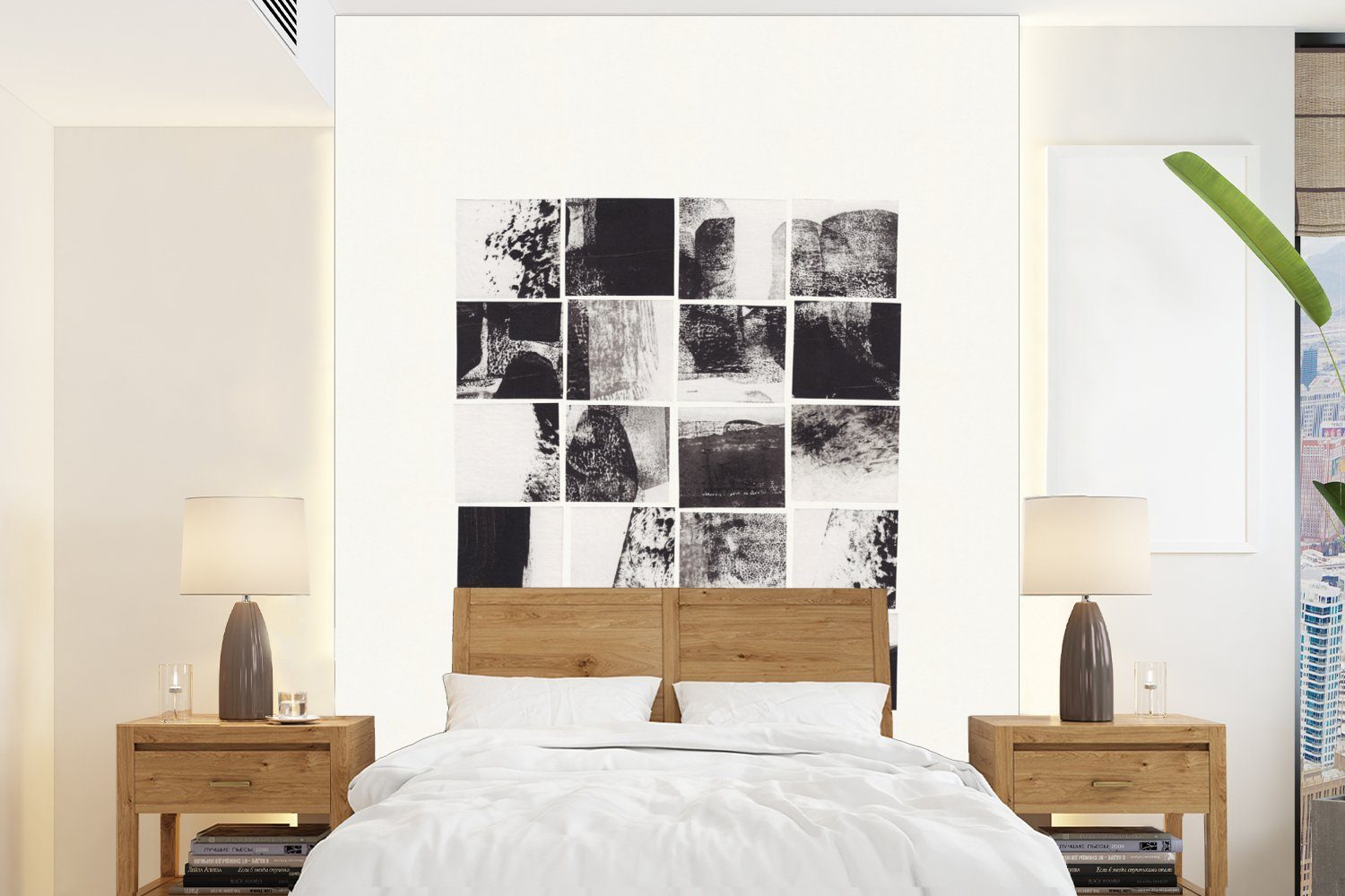 MuchoWow Fototapete Mosaik - Abstrakt - Schwarz - Weiß, Matt, bedruckt, (4 St), Montagefertig Vinyl Tapete für Wohnzimmer, Wandtapete