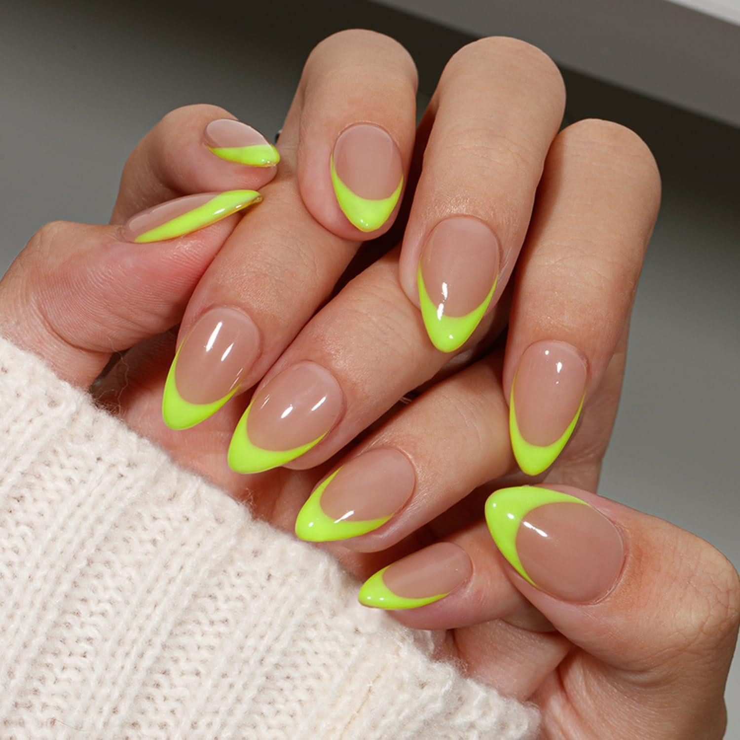 LuxusKollektion Kunstfingernägel Künstliche Nägel Press On Gel French Tip Kurz Mandel Neongrün