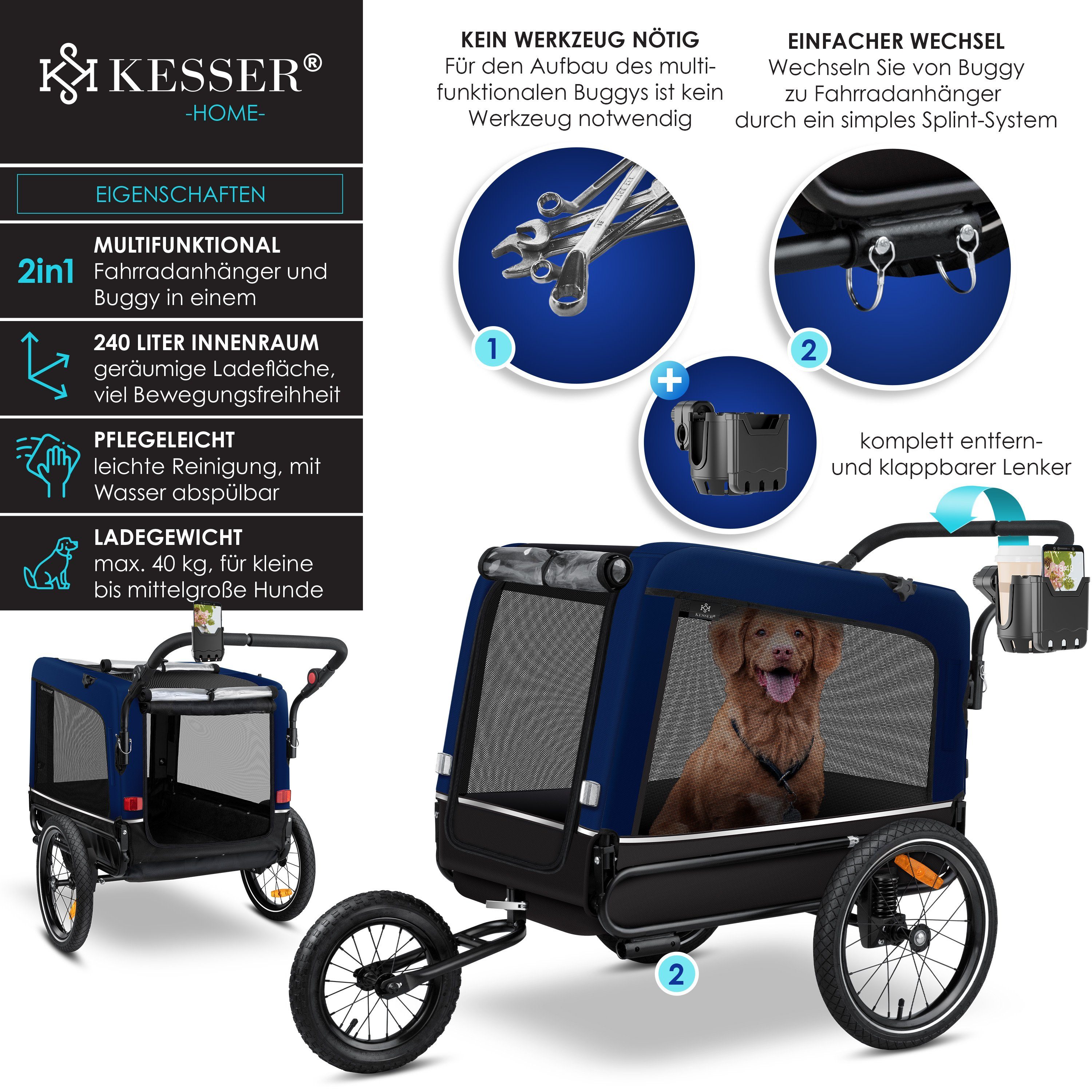 KESSER Fahrradhundeanhänger, Hundeanhänger Boxer 3-in-1 Hundebuggy Jogger Fahrradanhänger