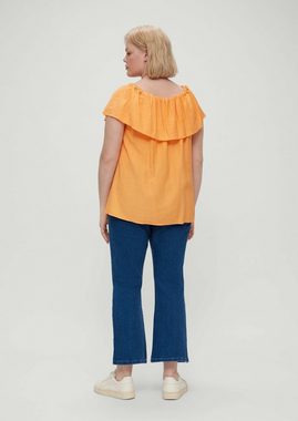 TRIANGLE Kurzarmbluse Crinkle-Bluse mit Carmenausschnitt Volants, Raffung, Logo
