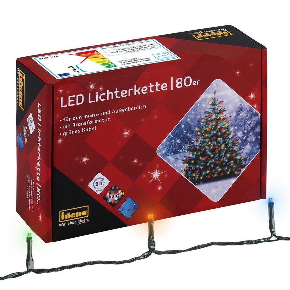 Idena LED-Lichterkette 80er bunt, Innen- und Außenbereich 8h-Timer grünes Kabel Weihnachtsbeleuchtung