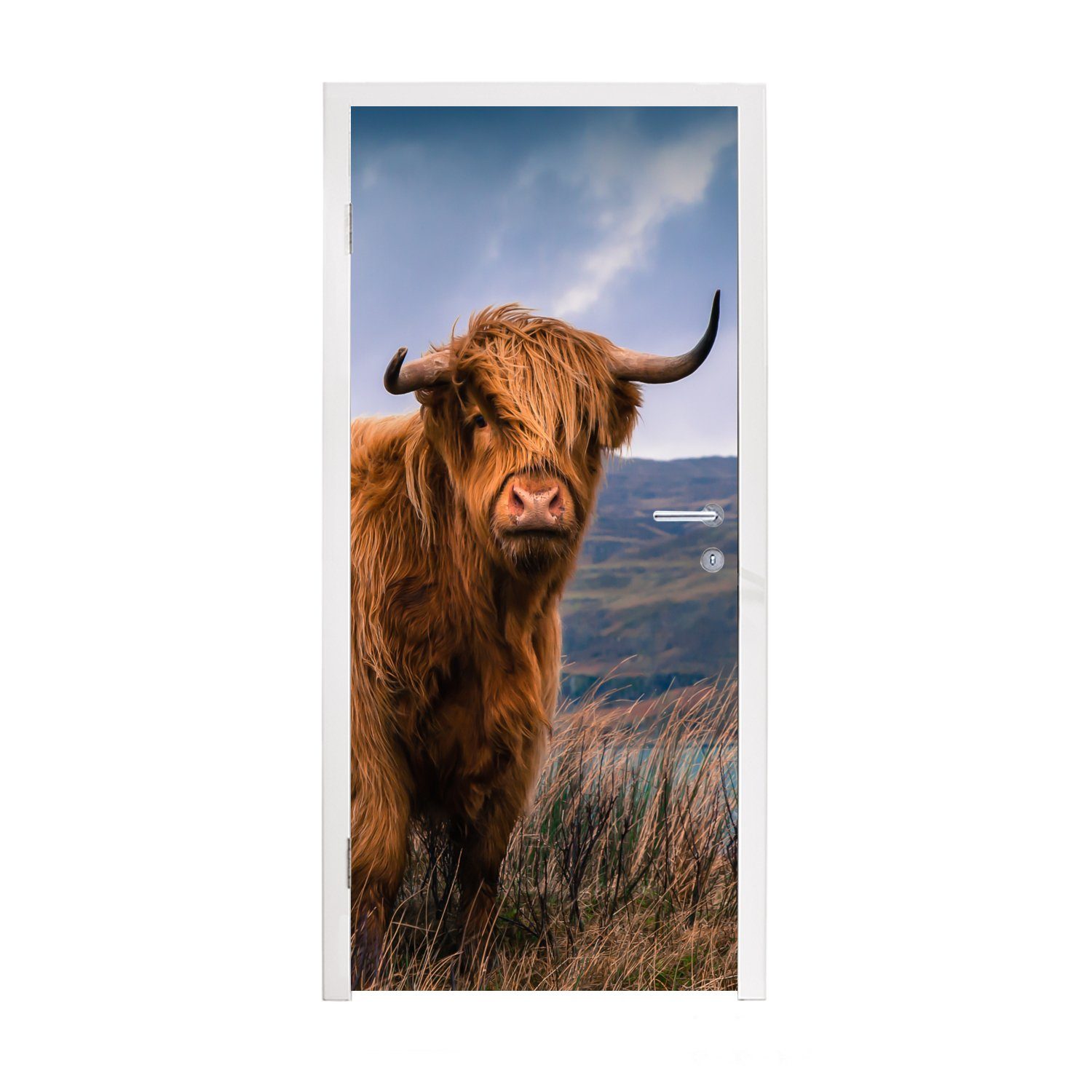 MuchoWow Türtapete Schottischer Highlander - Berg - Wasser - Natur - Kuh, Matt, bedruckt, (1 St), Fototapete für Tür, Türaufkleber, 75x205 cm