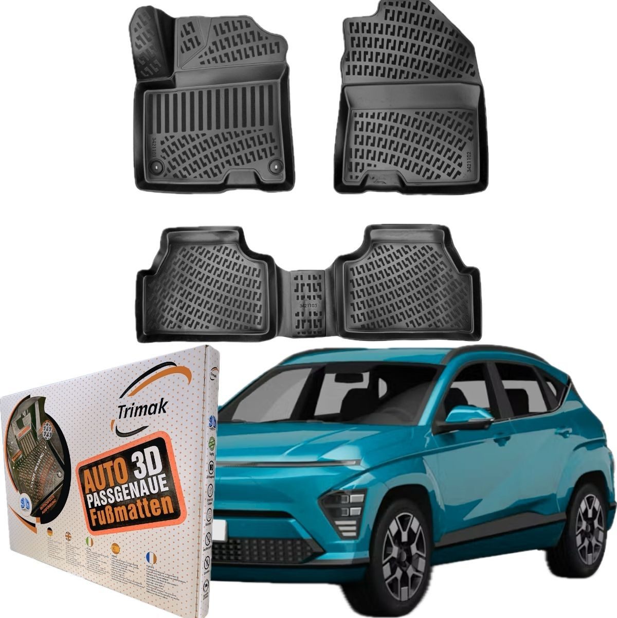 Trimak Passform-Fußmatten Oder Kofferraumwanne Oder Set Hyundai Kona, Hyundai Kona Hybrid ab 2023 Gummimatten Auto TPE Allwetter Fussmatten