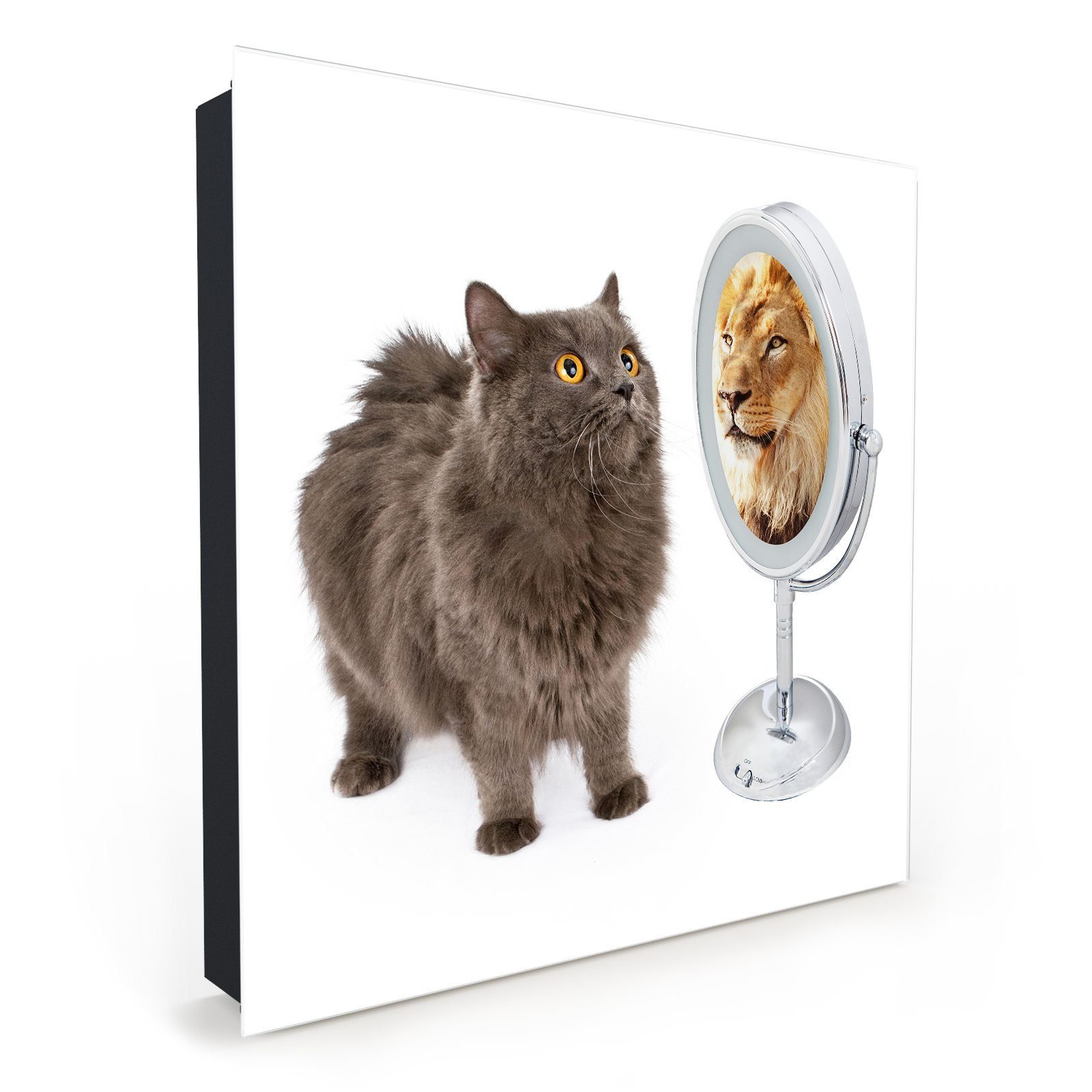 Primedeco Schlüsselkasten Dekor-Schlüsselkasten, Magnetpinnwand und  Memoboard mit Glasfront Motiv Katze sieht Löwe im Spiegel