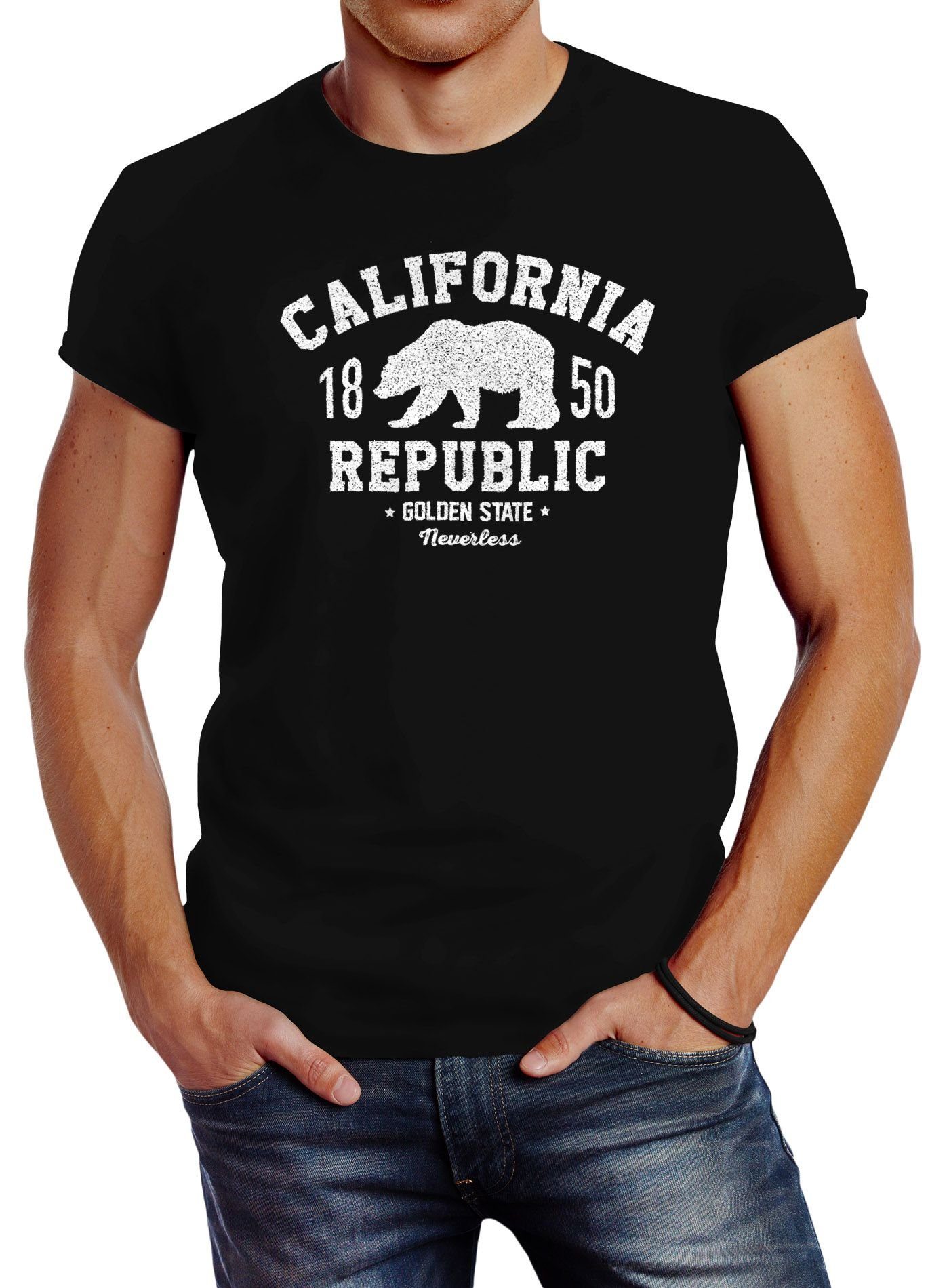Neverless Bär Slim T-Shirt Print Bear Golden mit schwarz California Print-Shirt State Republic Fit Herren Grizzly Neverless® Logo Kalifornien