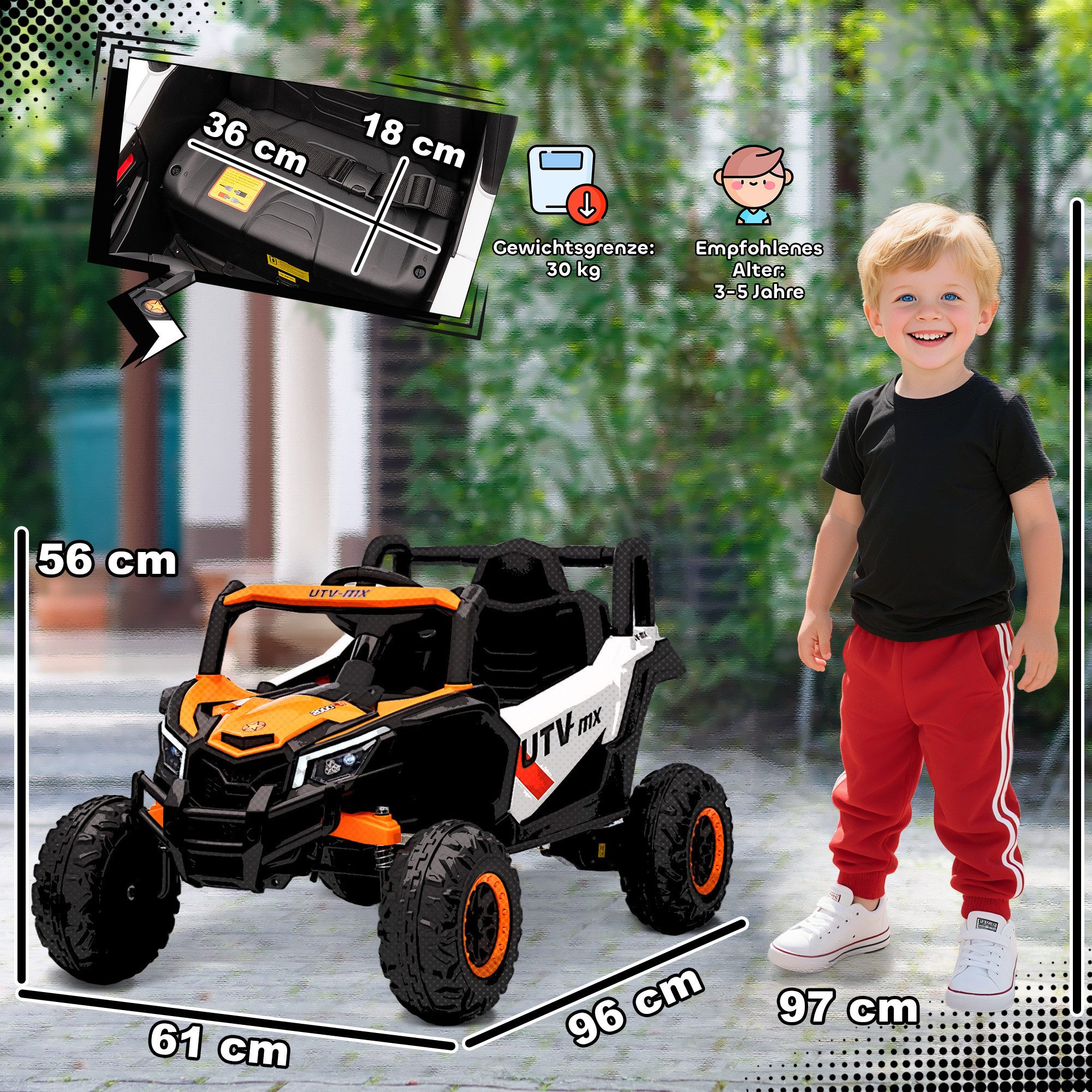 AIYAPLAY Elektro-Kinderauto Kinder Elektroauto 12V mit 2,4 GHz Fernbedienung, 2 Motor, Belastbarkeit 30 kg, (1-tlg), für Kinder 3-5 Jahre, Orange