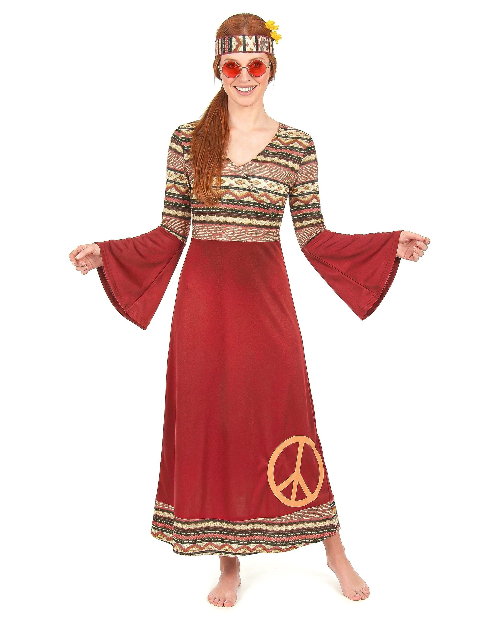 JADEO Kostüm Hippiekleid 60er Retro Damenkostüm bordeaux-bunt