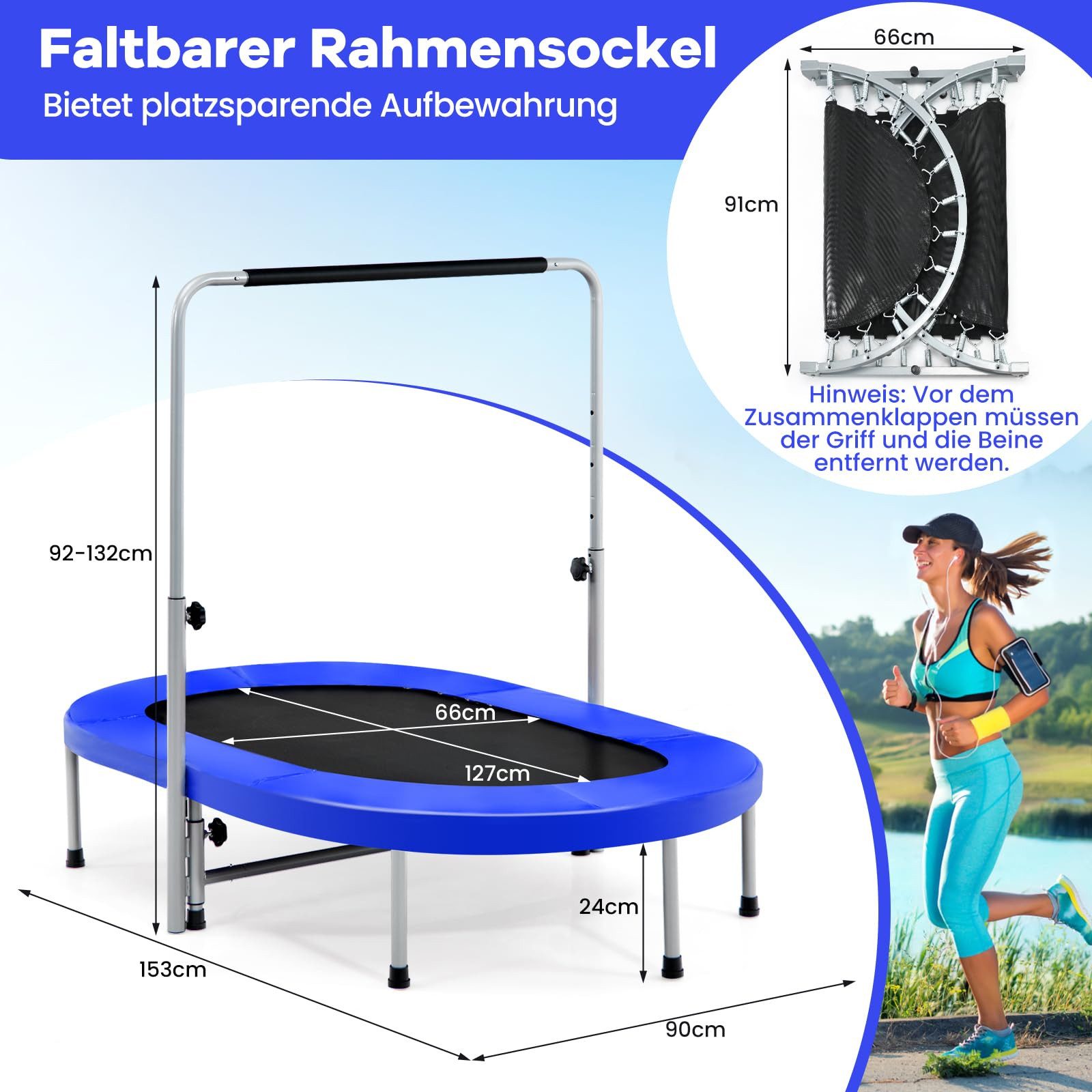 COSTWAY Kindertrampolin, Trampolin mit Haltegriff, Gartentrampolin, klappbar