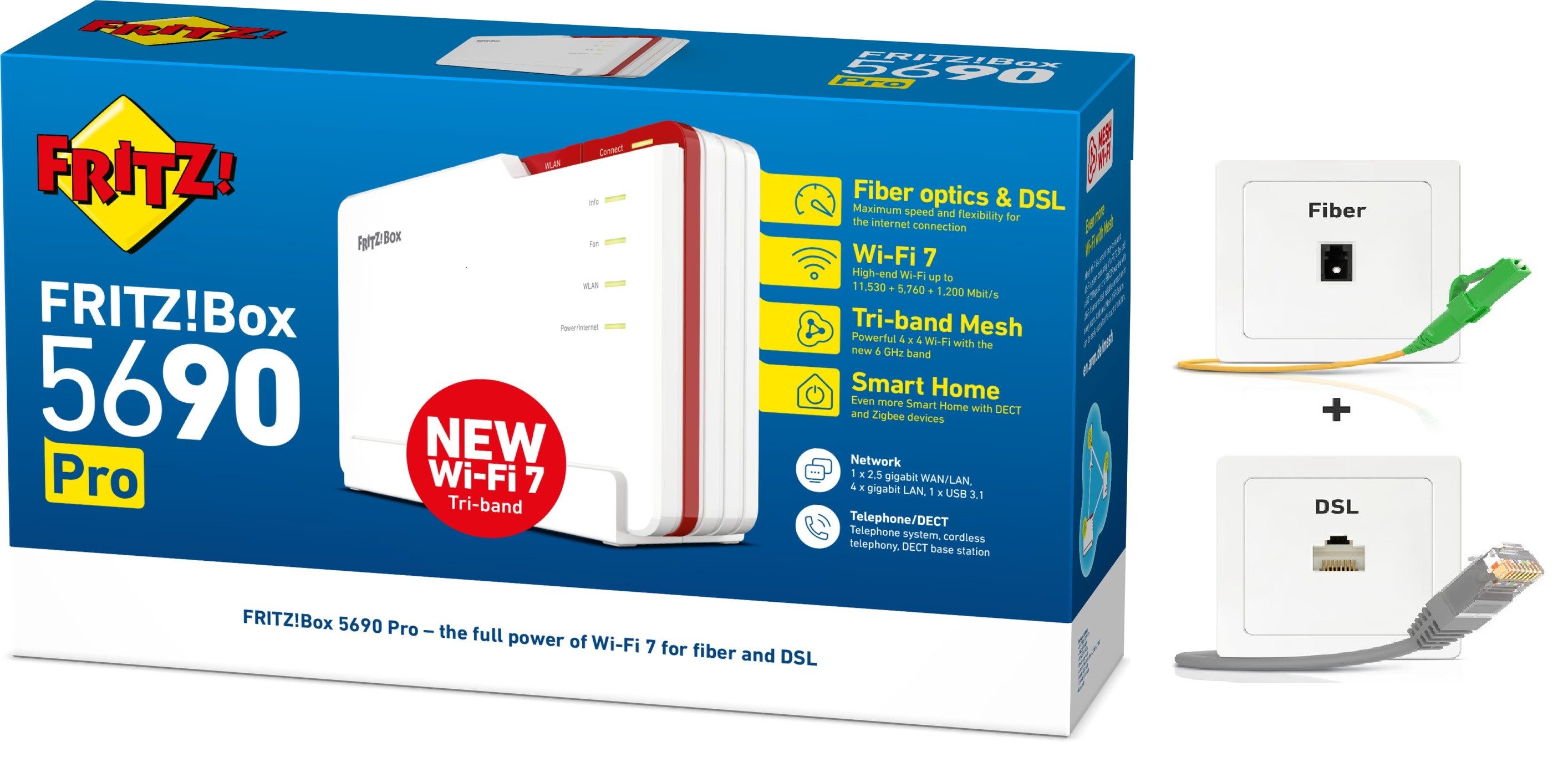 Fritz! FRITZ!Box 5690 Pro Wi-Fi 7 Router für Glasfaser Fiber & DSL Modem WLAN-Router, Tri-Band WLAN inkl. 6-GHz-Band, VDSL, ADSL