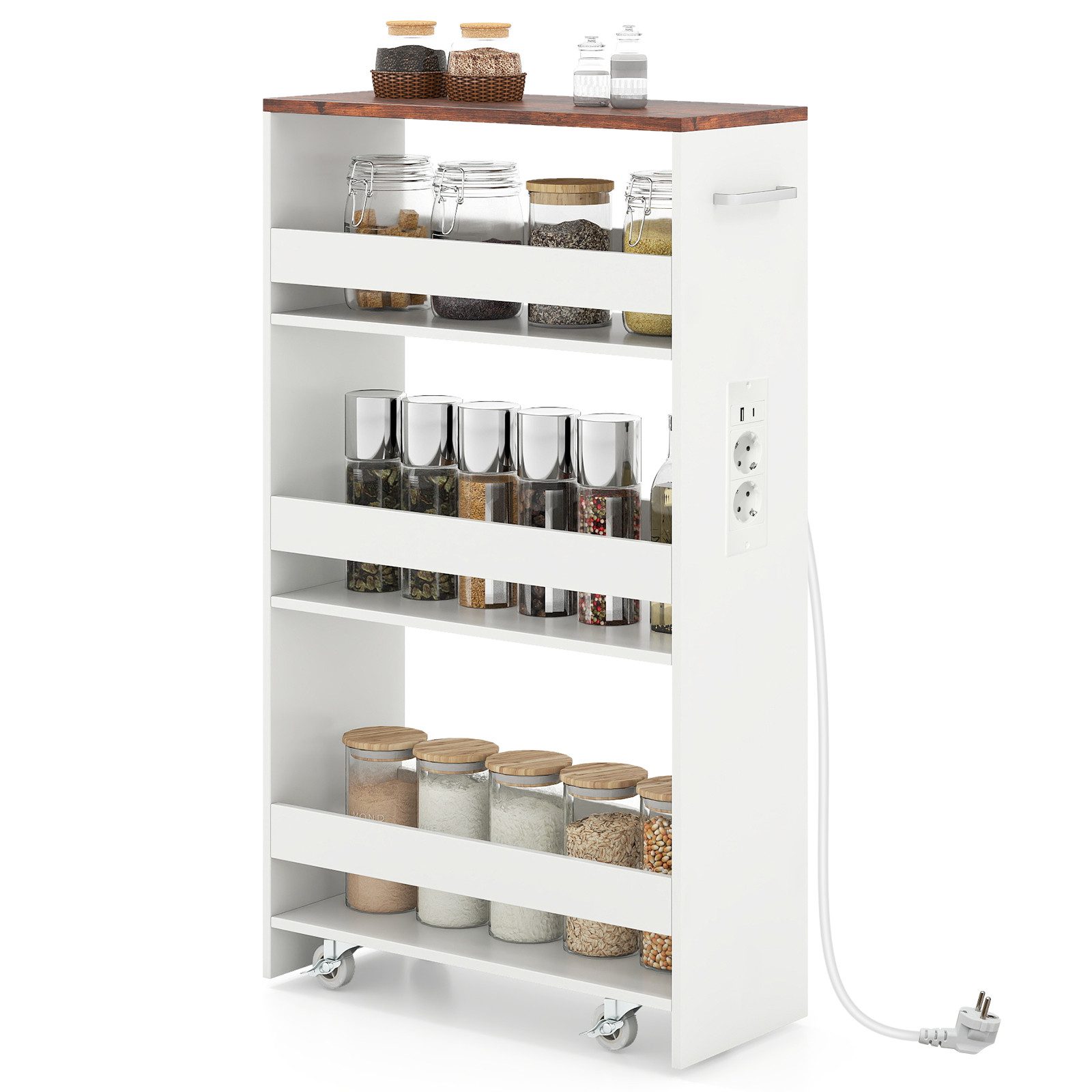 COSTWAY Küchenwagen, Nischenwagen 20cm breit schmal mit Ladestation Holz