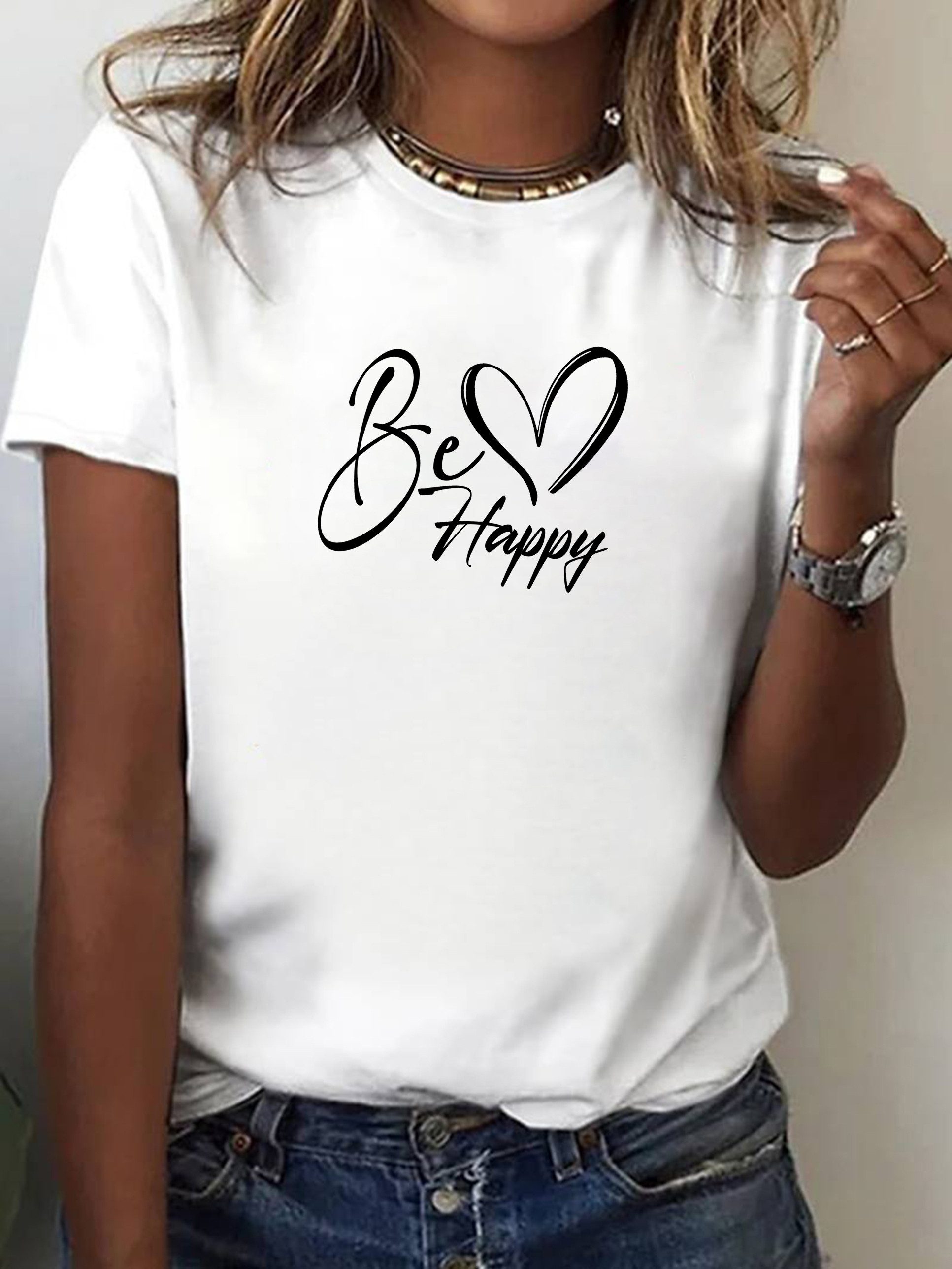 T-Shirt Damen Shirt Top Sommer Basic Be Happy Glücklich