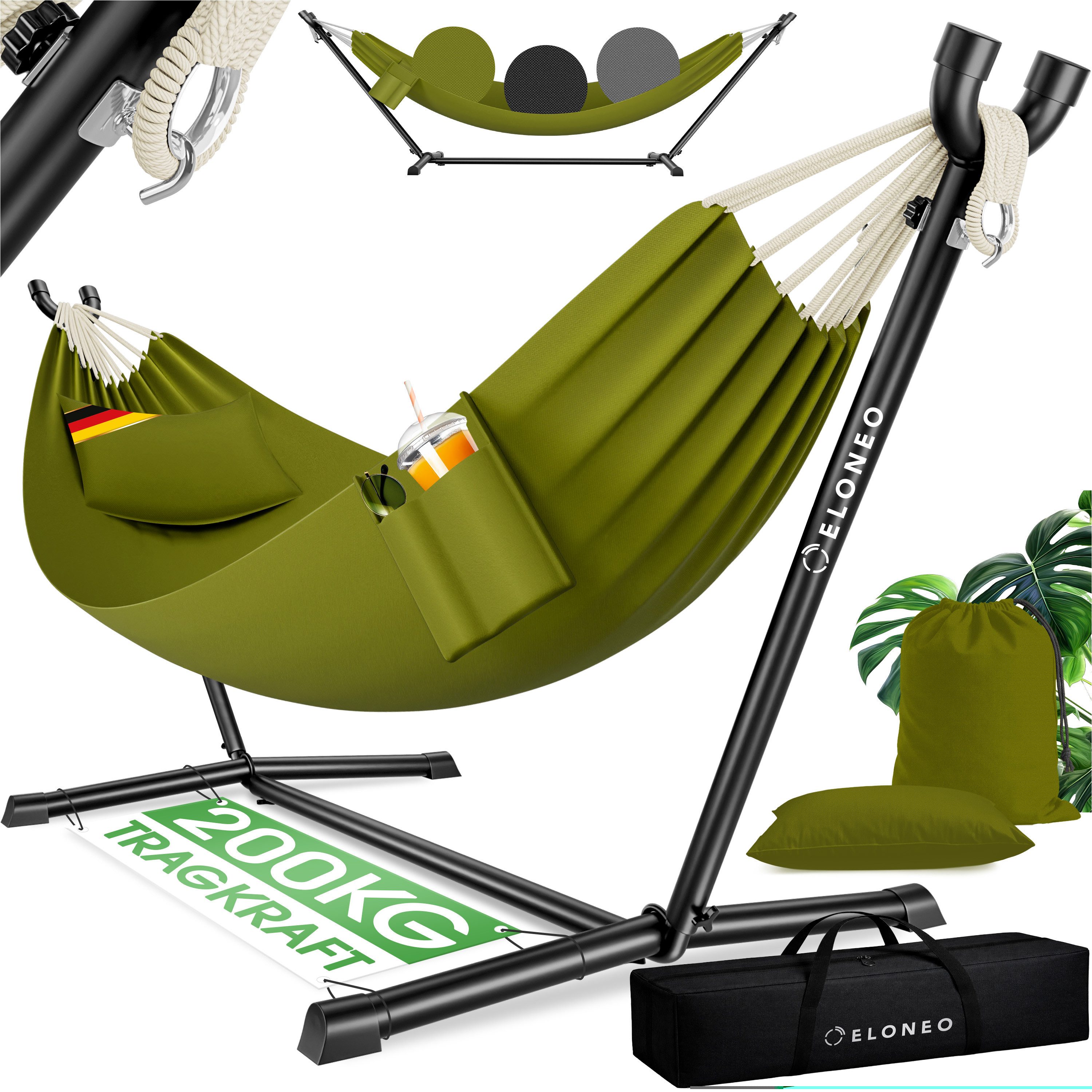 ELONEO Hängematte mit Gestell – Komfort & Flexibilität für Garten, Terrasse und Camping, belastbar bis 200kg, inkl. Kopfkissen und Tragetasche