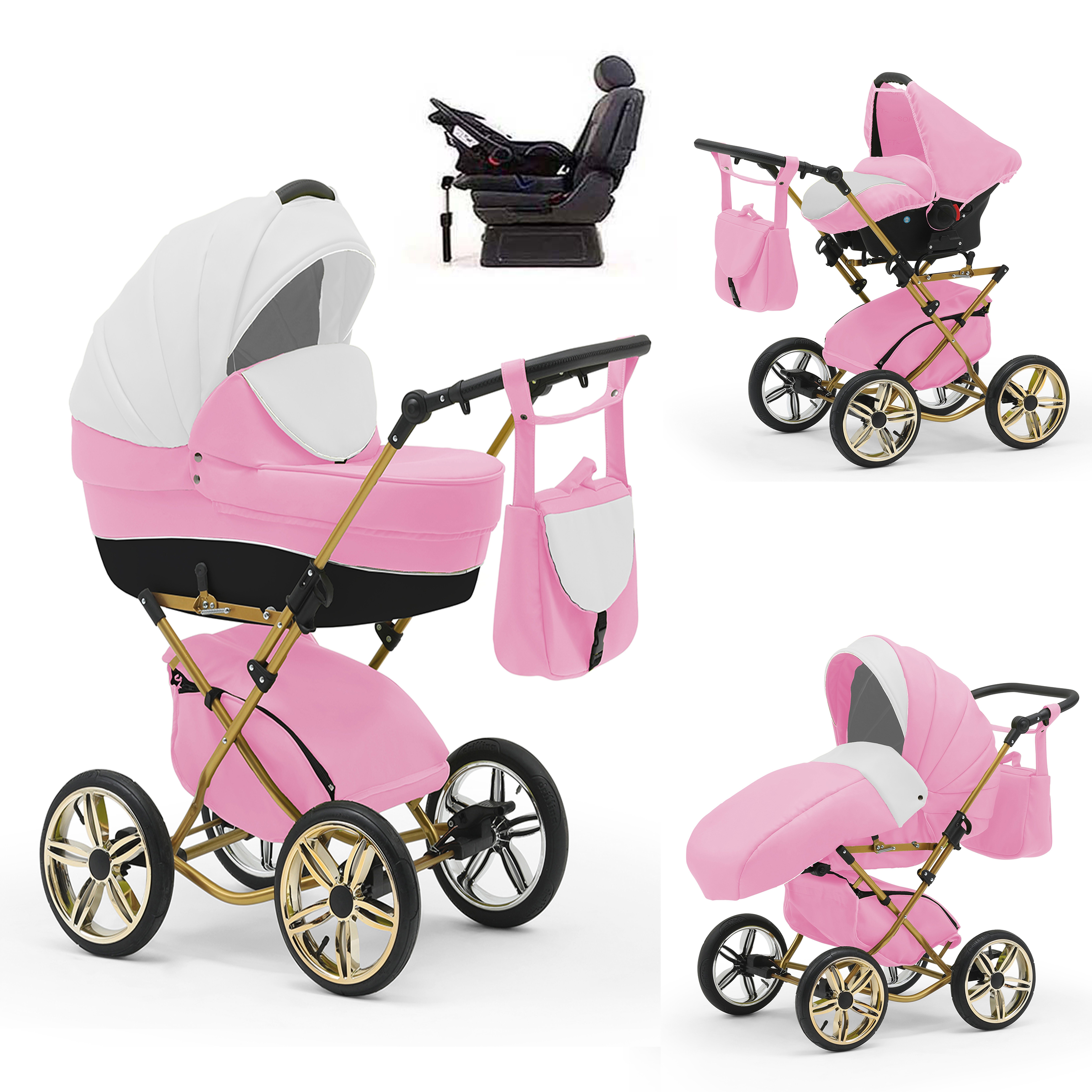 babies-on-wheels Kombi-Kinderwagen Sorento 4 in 1 inkl. Autositz und Iso Base - 14 Teile - in 10 Designs Rosa-Weiß