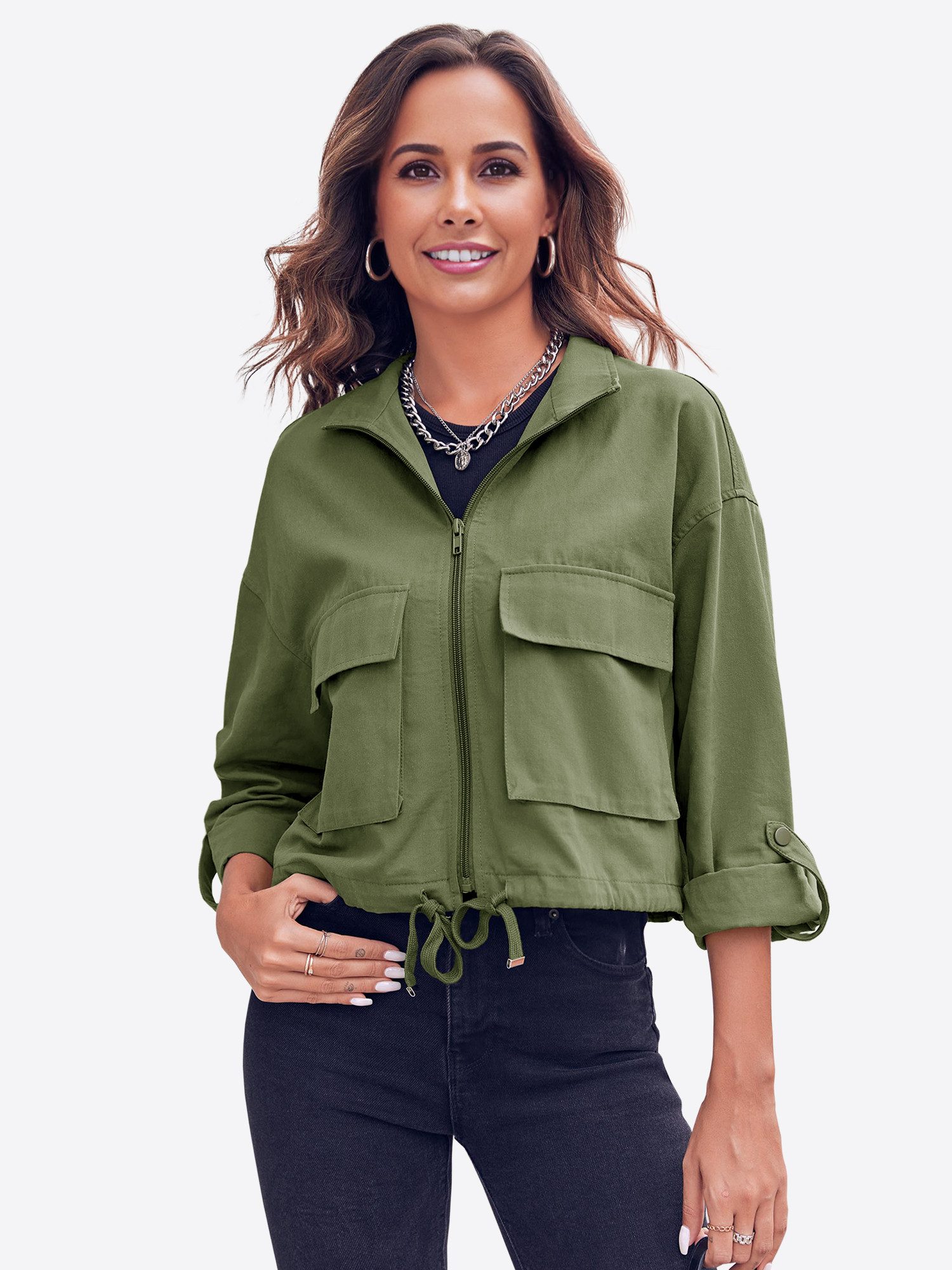 Imily Bela Kurzjacke Lässige Militärjacke mit Reißverschluss (Packung, 1-St., 1per-Pack) Baumwolle