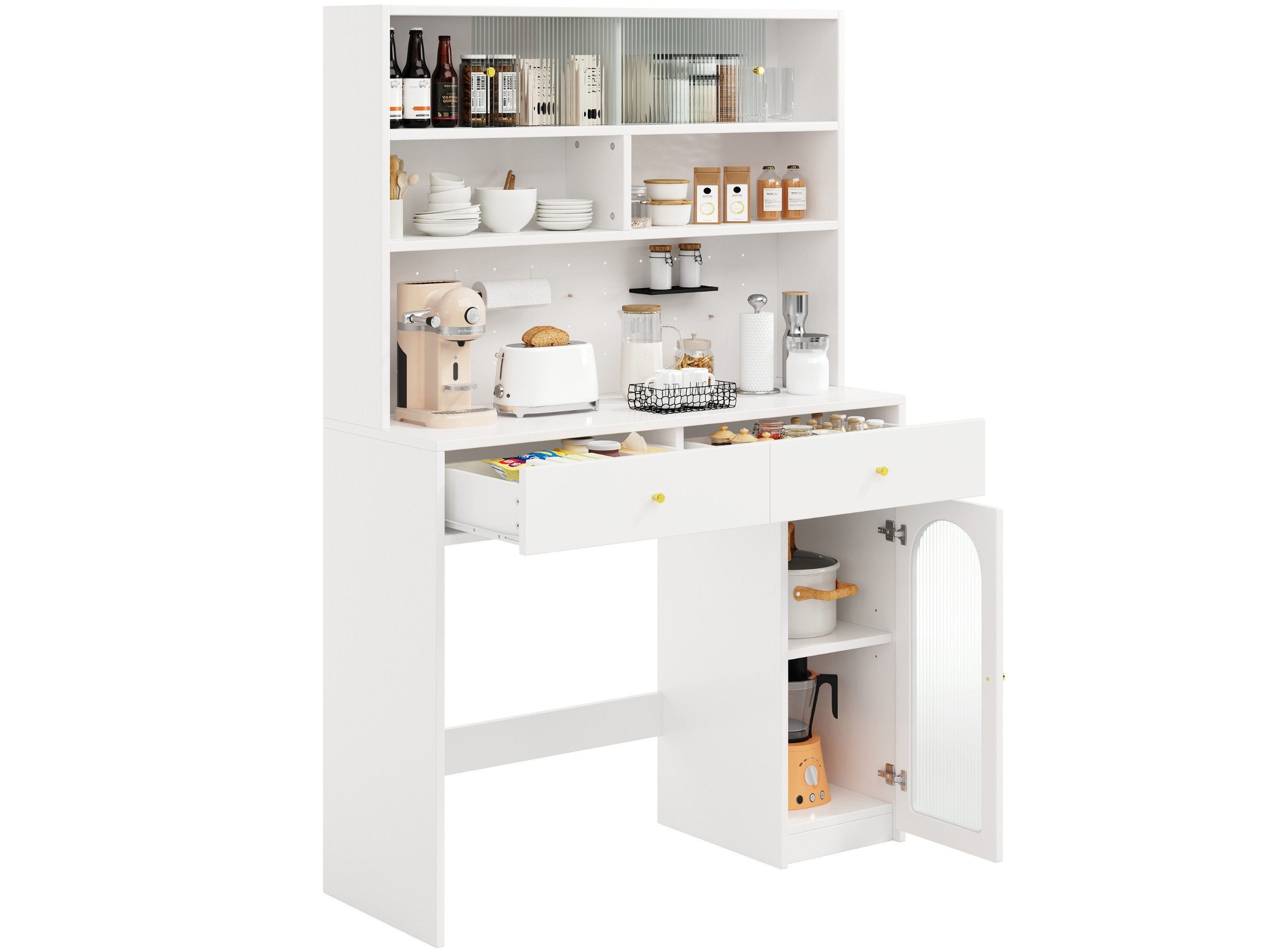 SeedWave Buffet 180 cm Küchenhochschrank mit Arbeitsfläche und Glas-Schiebetüren Hochschrank mit Präsentationsfläche, Lochwand und Haken