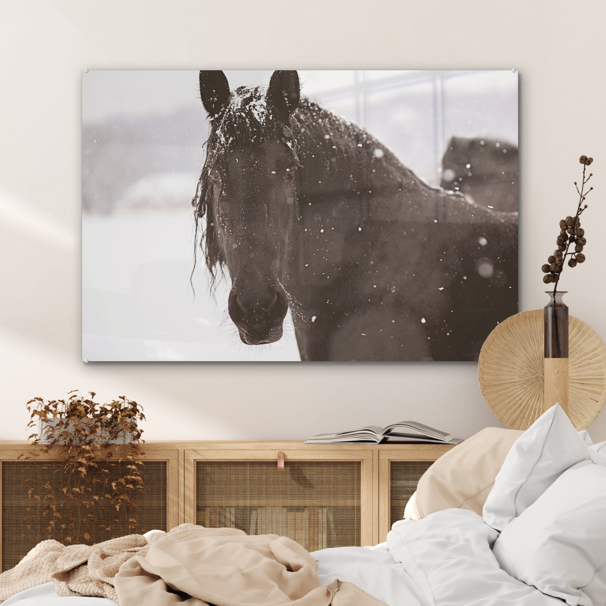 & Schnee, St), MuchoWow Schlafzimmer Acrylglasbilder Pferd Acrylglasbild (1 Friesisches Wohnzimmer im
