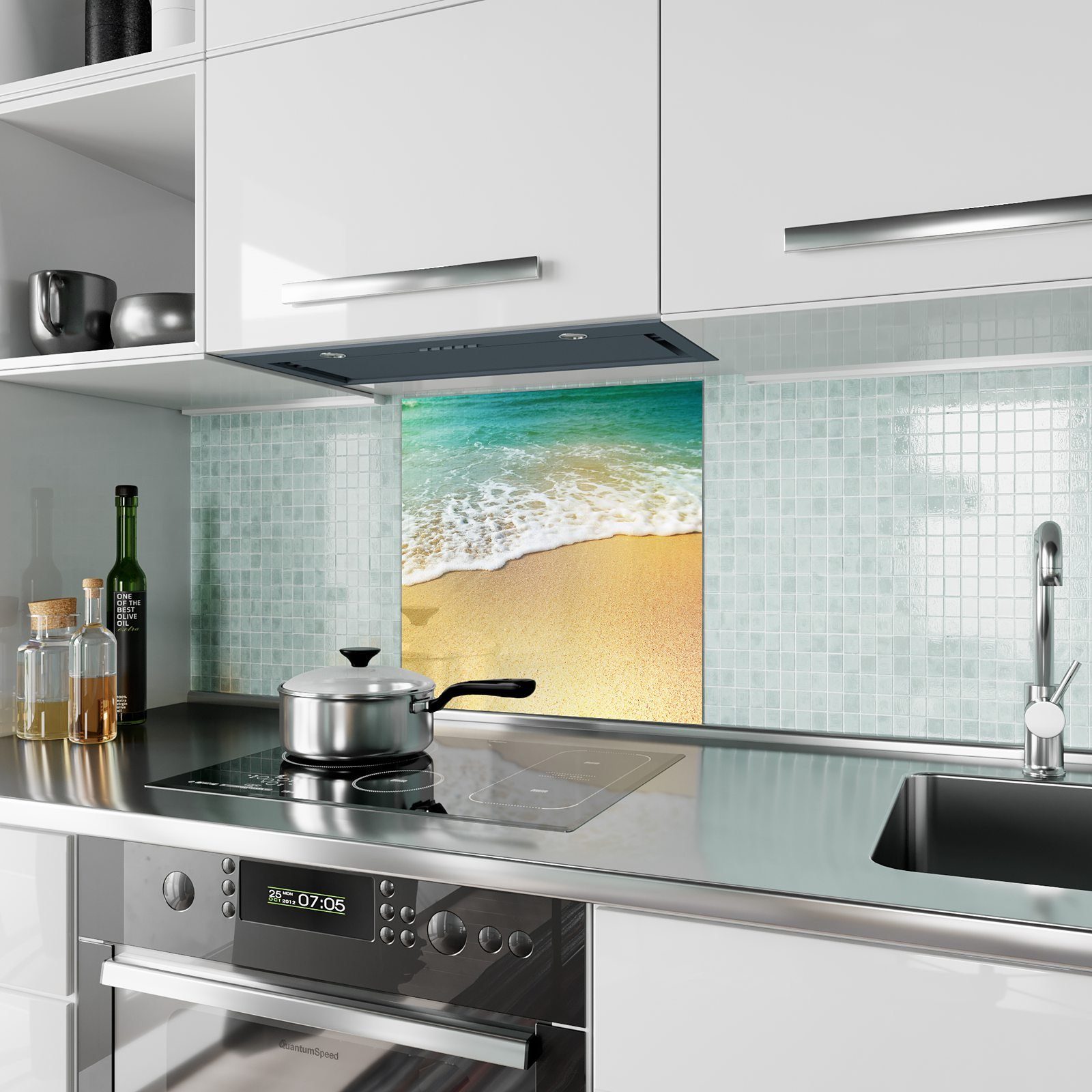 Primedeco Küchenrückwand Küchenrückwand Motiv Meerwasser mit Sand Spritzschutz Glas und