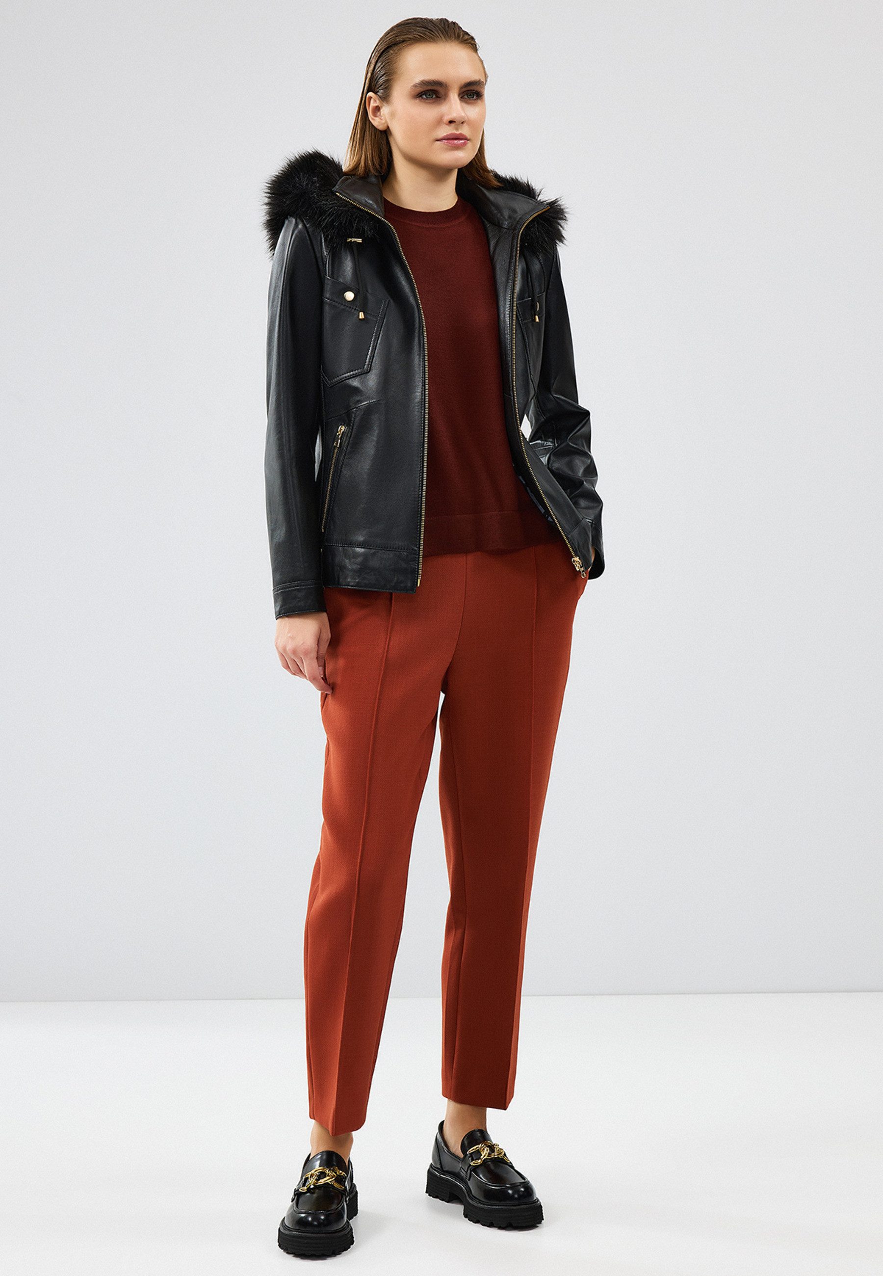 Derimod Lederjacke Meggy Lederjacke mit Kapuze und Fellbesatz