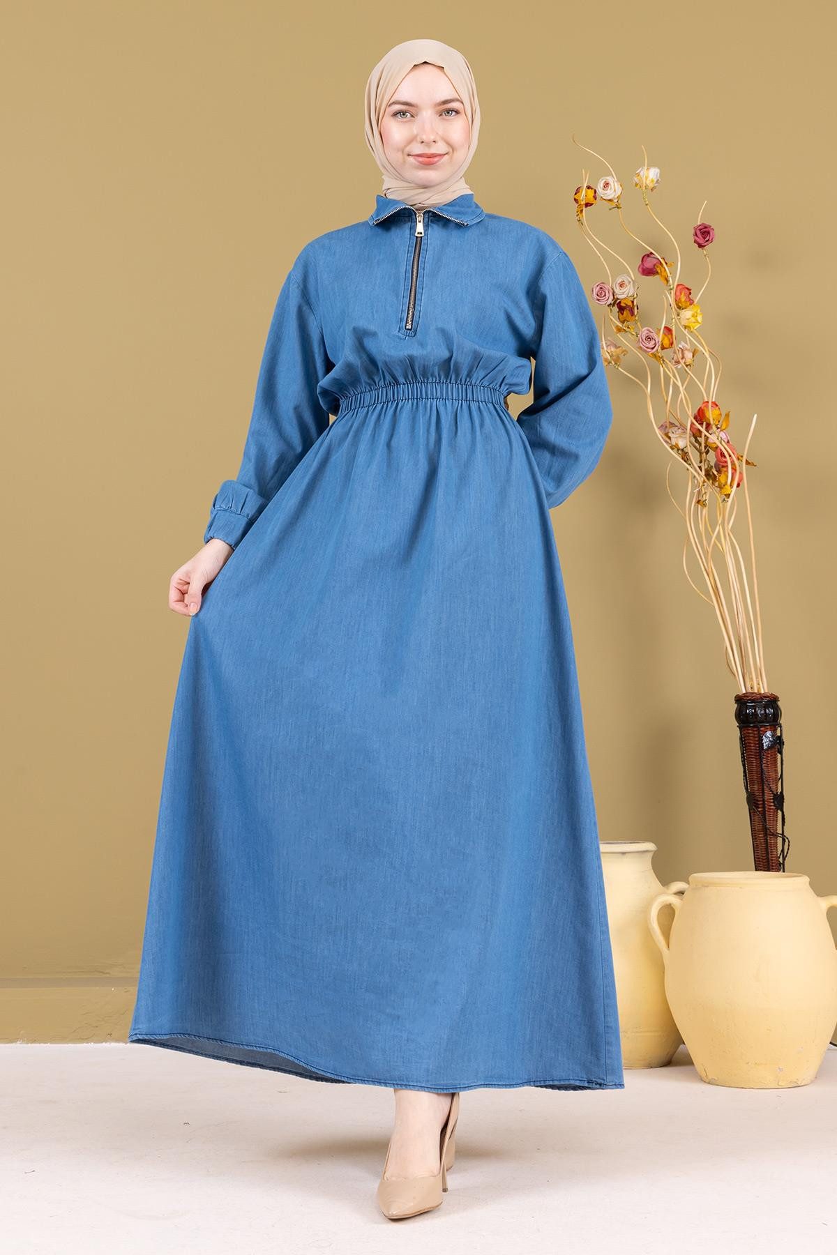 MODAMİHRAM Maxikleid Reißverschluss Elastische Taille Denim Kleid - Hellblau MSW19240-1