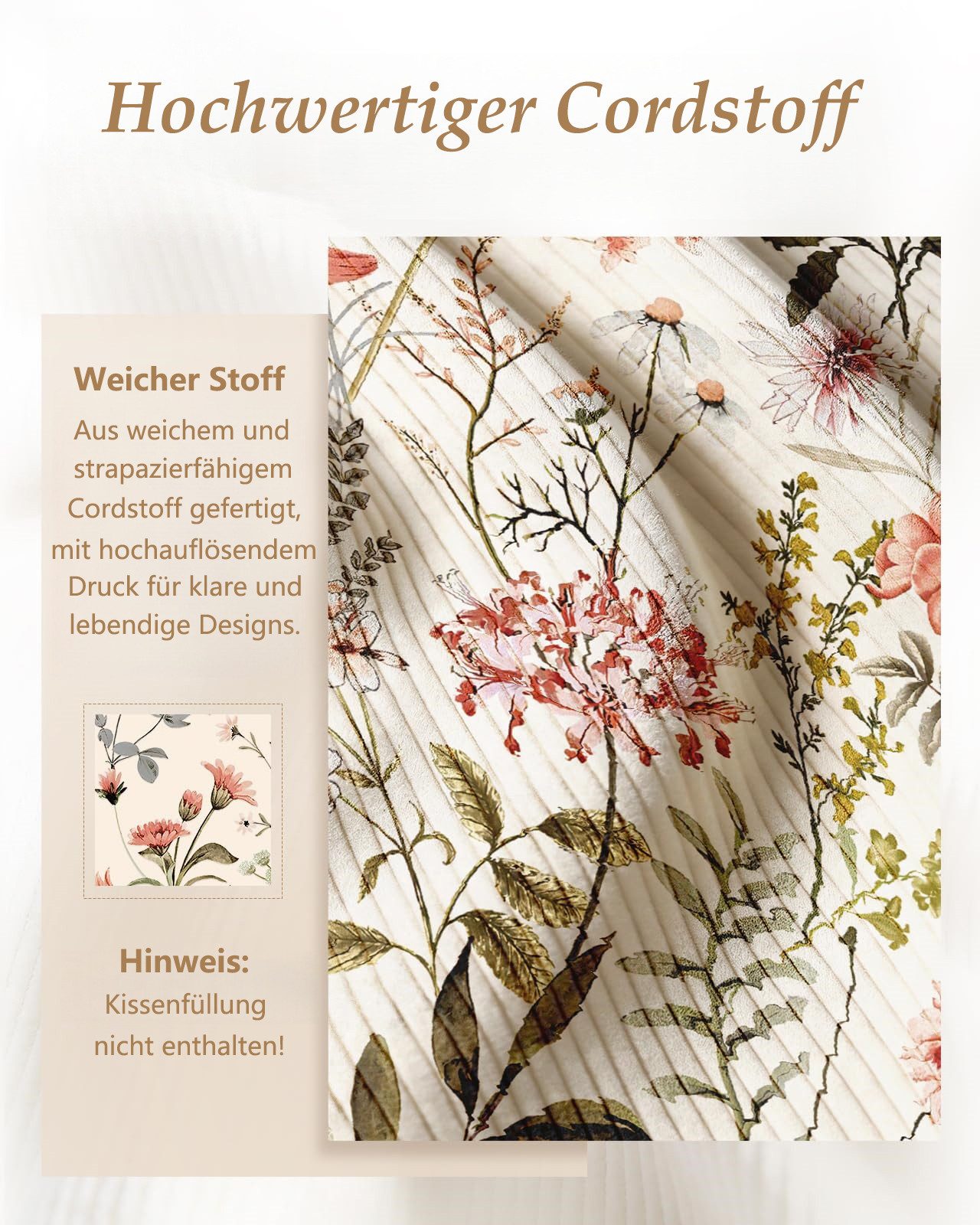 FOUORTUNATE-BEE Kissenbezüge 2er-Set Rosa Blumenmuster Corduroy Kissenbezüge Frühlings-Kissenhüllen, (2 Stück), mit Reißverschluss für Sofa, Couch, Wohnzimmer,  – Bild 2 von 5
