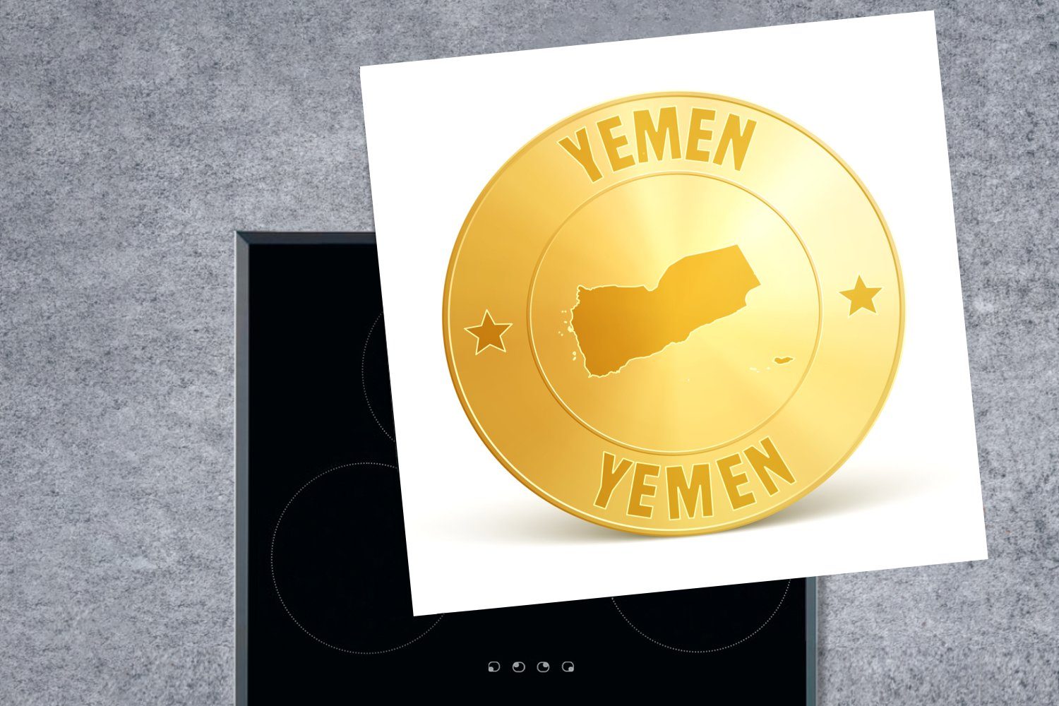 einer Arbeitsplatte aus 78x78 Illustration Vinyl, küche Jemen, für cm, Goldmünze tlg), dem Herdblende-/Abdeckplatte (1 Ceranfeldabdeckung, MuchoWow