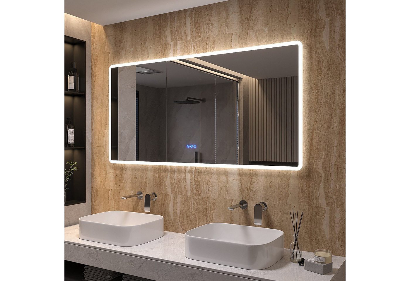 AQUALAVOS Badspiegel Badspiegel 100-160cm mit LED Beleuchtung Lichtspiegel Wandspiegel, Beschlagfrei, Kalt/Warm Licht, dimmbar, Helligkeit-Speicherfunktion