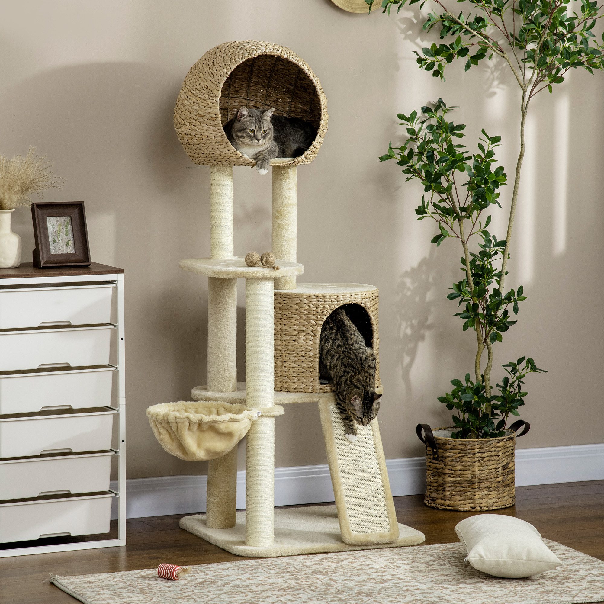 PawHut Kratzbaum Kratzbaum, mehrstöckiger Katzenbaum mit Höhle, Plattform, Plüsch, Beige, 60 x 60 x 150 cm
