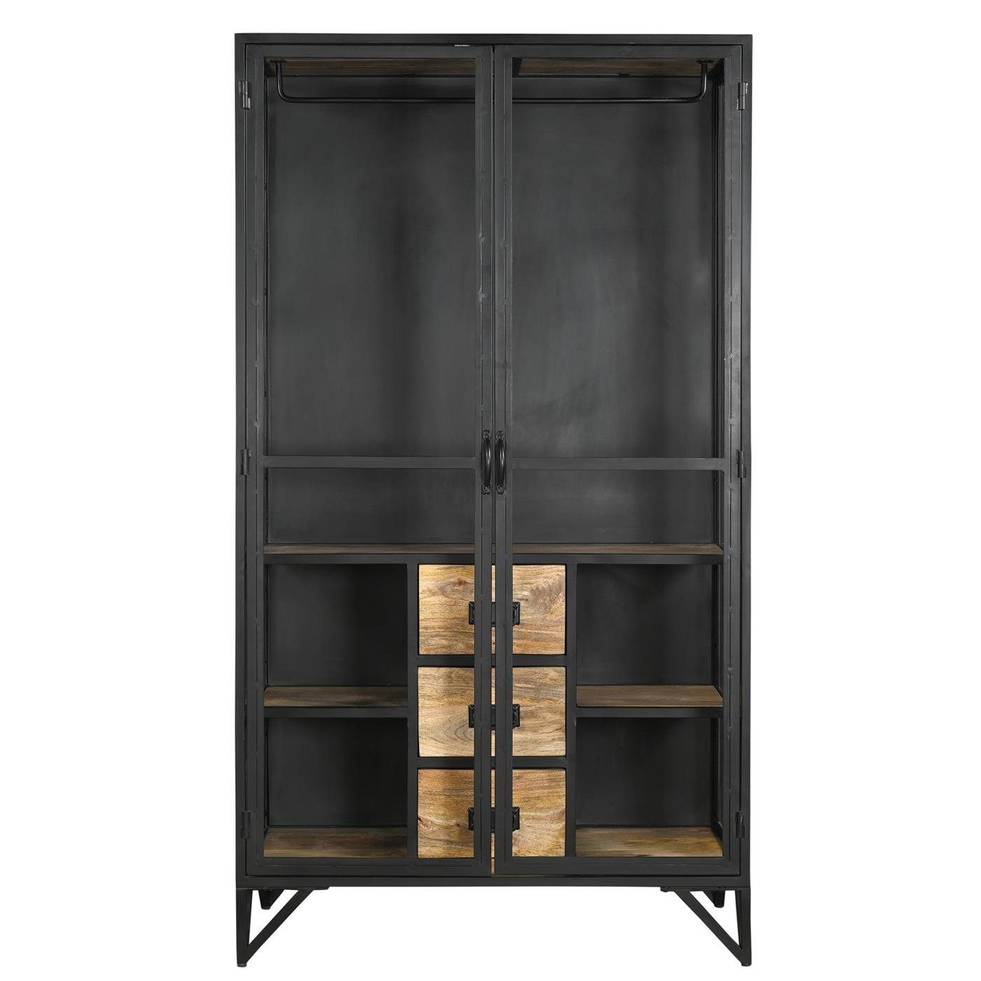 baario Kleiderschrank Kleiderschrank BARBAR Glas schwarz Metall & Mangoholz Industrial Style