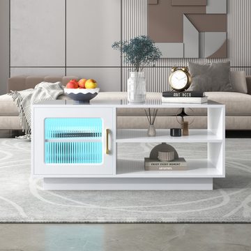 REDOM Couchtisch Wohnzimmertisch mit Glastür, Beistelltisch mit LED per APP, Wohnzimmertisch