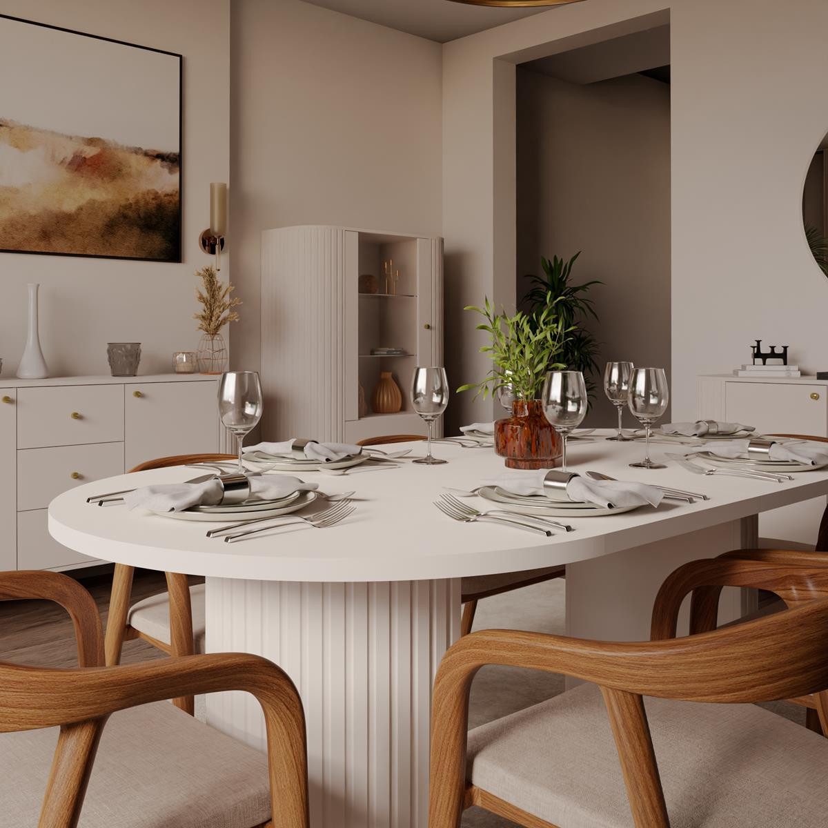 Compleo Esstisch ZANTO Ausziehtisch mit runder Platte und stabilem Zentralgestell, 100–188 cm, Sandbeige, 28-mm-Platte, familienfreundlich – Bild 3 von 5