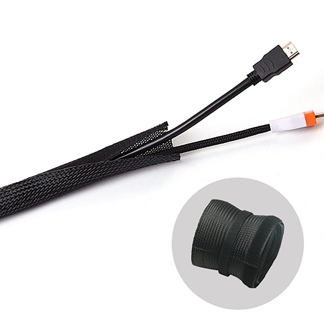 RICOO Geflechtschlauch Kabelschlauch mit Klettverschluss 2 Meter kürzbar Z9085B-2 schwarz (1-St), Kabelschlauch Kabelmanagement Kabelkanal flexibel Klettverschluss 2m