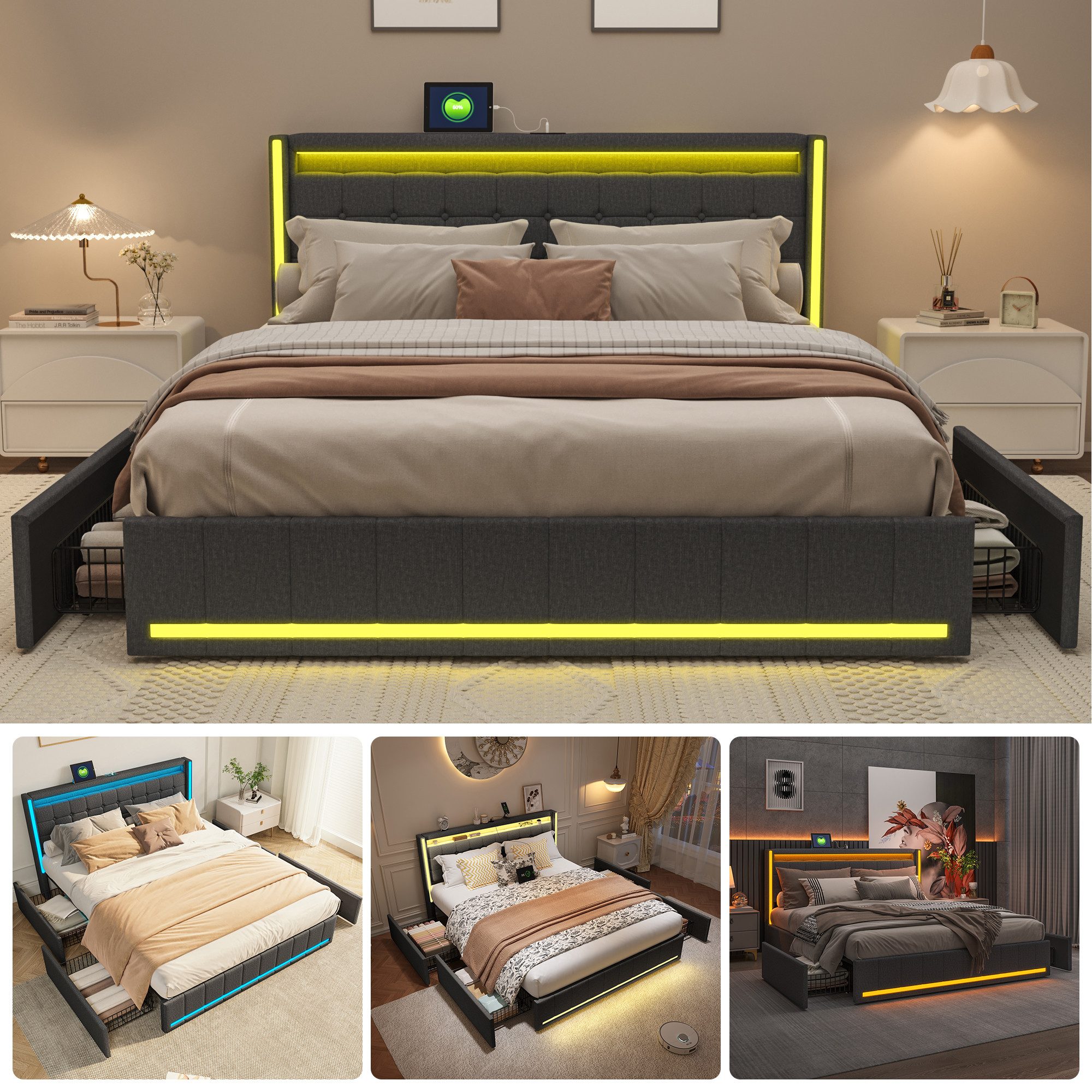 PXloue Polsterbett LED Doppelbett (Inklusive USB-Typ-C-Ladeanschluss), günstig online kaufen