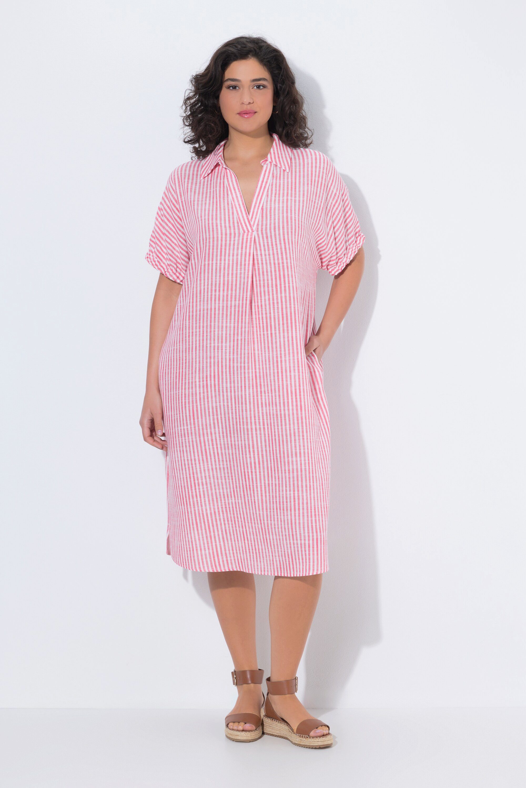Ulla Popken Jerseykleid Leinenmix-Kleid Streifen Oversized Hemdkragen
