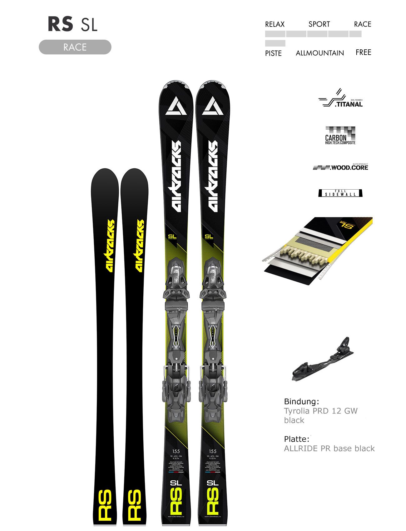 Airtracks Rennski Airtracks Master Pro RS SL Slalom Ski mit Bindung Tyrolia PRW 12 GW, Ski Längen 155cm, 165cm - Modell 2025