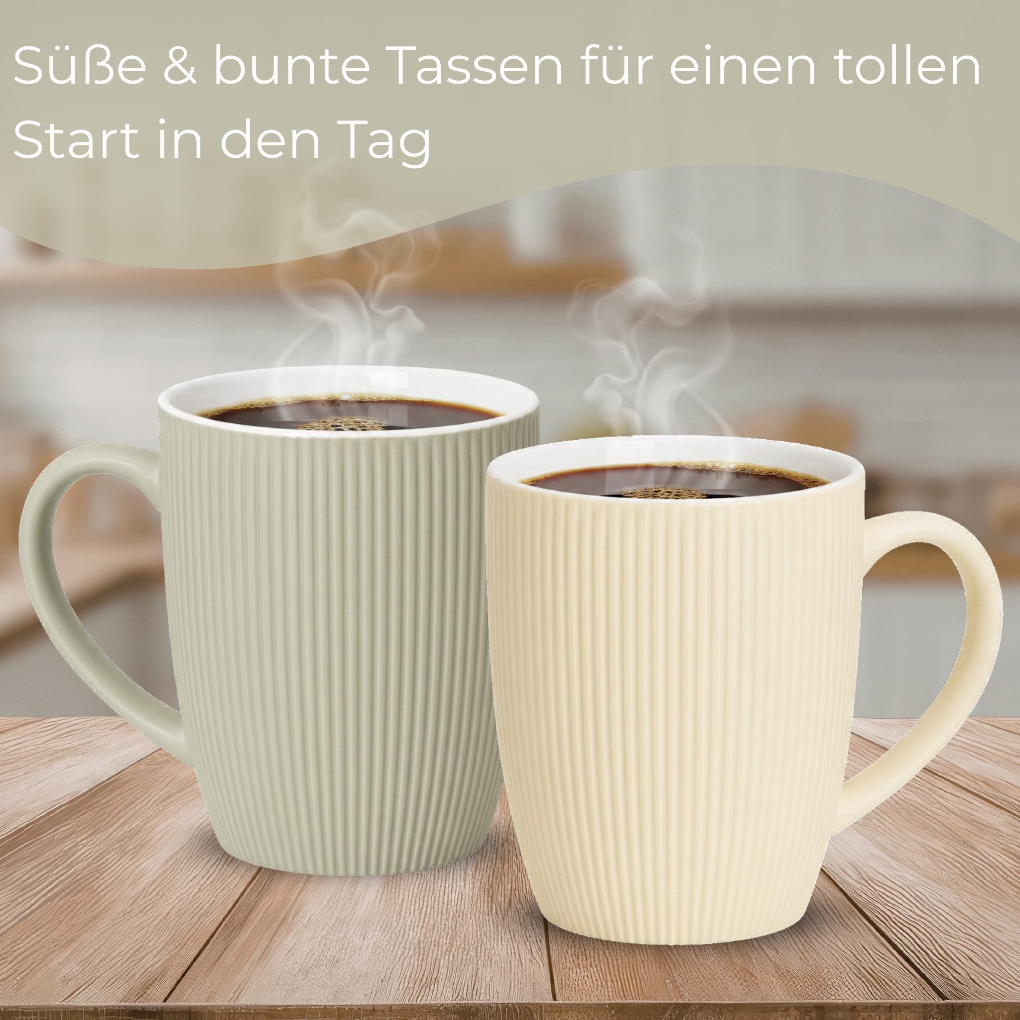 matches21 HOME & HOBBY Tasse Kaffeetassen 4er Set einfarbig gerippt Pastellfarben Rillen, 4-tlg., Keramik, Tee Kaffee-Becher, modern, orange beige creme grün, 3 – Bild 4 von 5