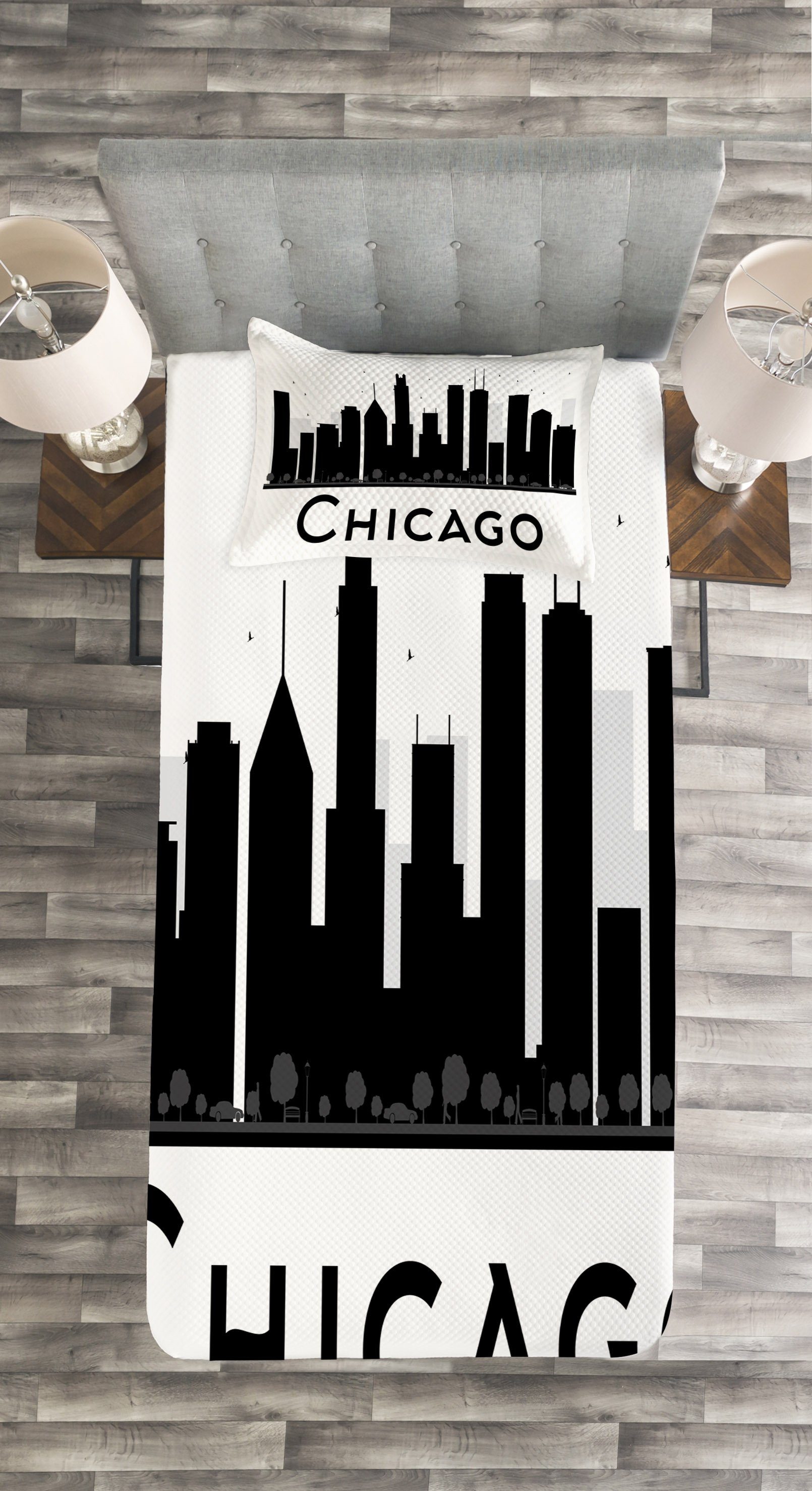 Waschbar, Tagesdecke Gebäude-Schattenbilder Set Kissenbezügen mit Chicago Abakuhaus,