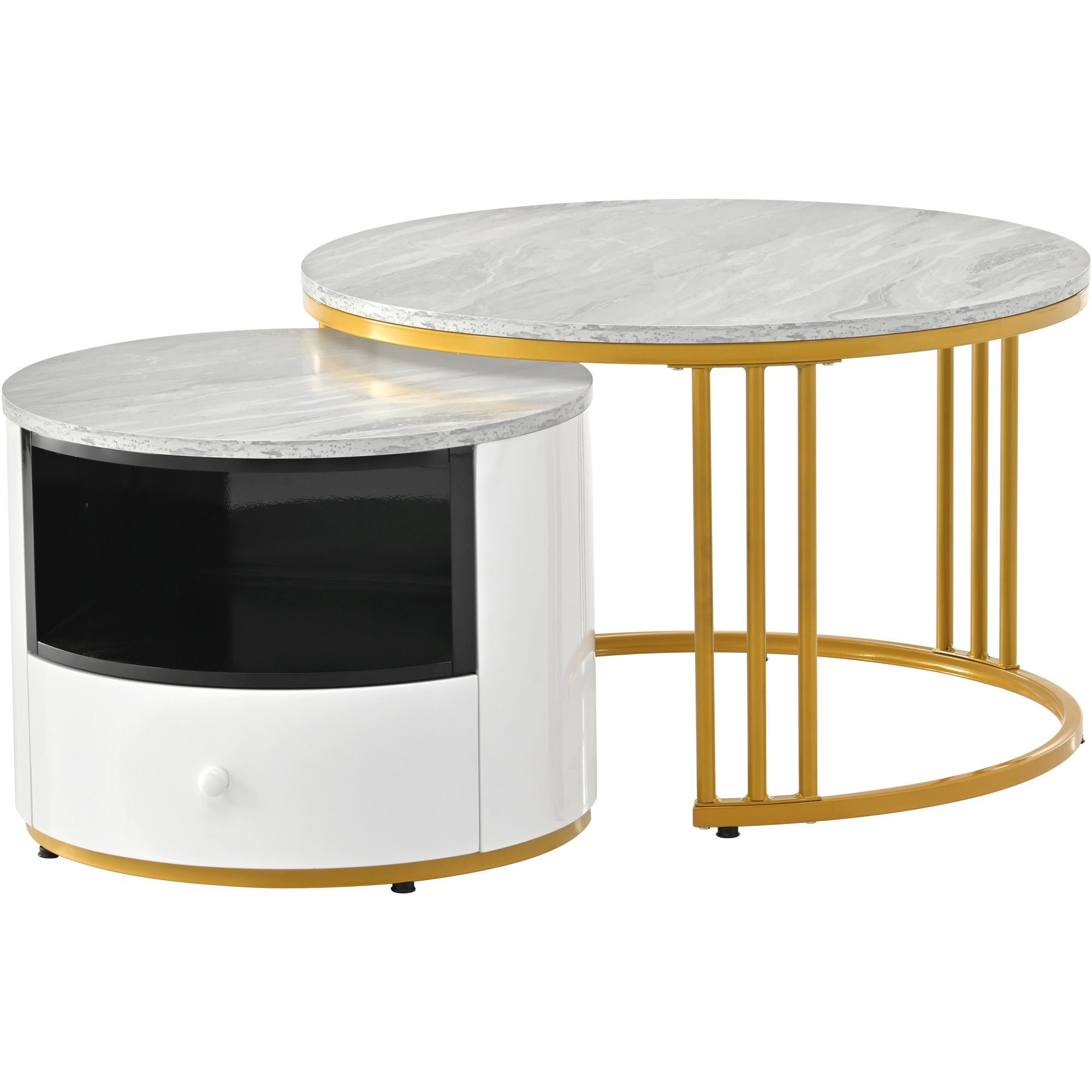Metallgestell Satztische Set Beistelltisch, Weiß Gold Marmor Wohnzimmer, Modern Rund mit Celya Optik Tisch Couchtisch fürs Wohnzimmer 2er Rund grau Weiss