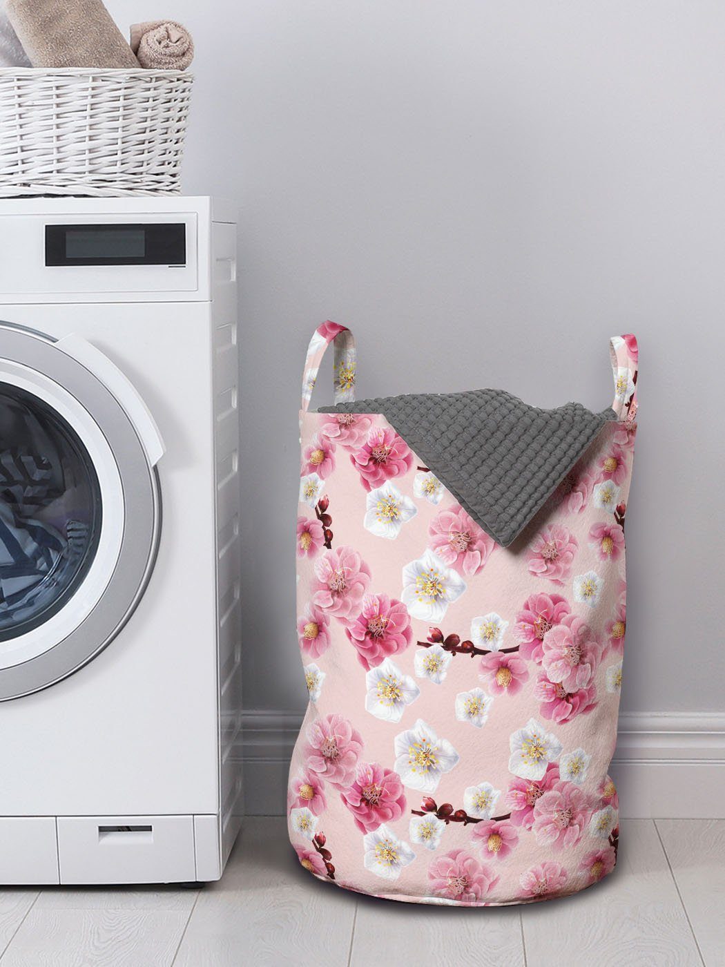 Abakuhaus für Wäschesäckchen Wäschekorb mit Waschsalons, Griffen Kordelzugverschluss Chinesische Blumen Blüten-Muster