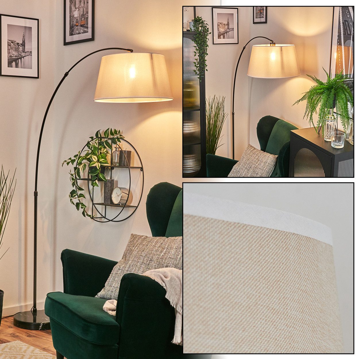 hofstein Bogenlampe Stehlampe mit Marmorfuß aus Metall/Stoff in Schwarz/Chrom/Beige/Weiß, verstellbare Stehleuchte im modernen Design, Ø 45 cm, Fußschalter, E27