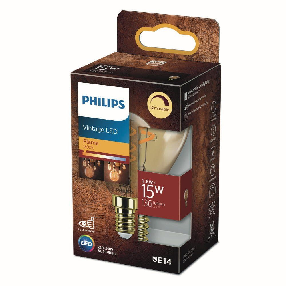 Philips gold, warmweiß, 15W, LED-Leuchtmittel warmweiss E14 136 n.v, Lampe ersetzt P45, Tropfenform Lumen, LED