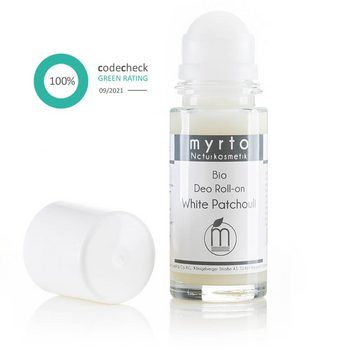 myrto Naturkosmetik Körperpflegemittel Bio Deo Roll-on White Patchouli ohne Aluminium und Alkohol, für empfindliche Haut, hemmt Geruchsbildung, ohne Aluminium & Alkohol